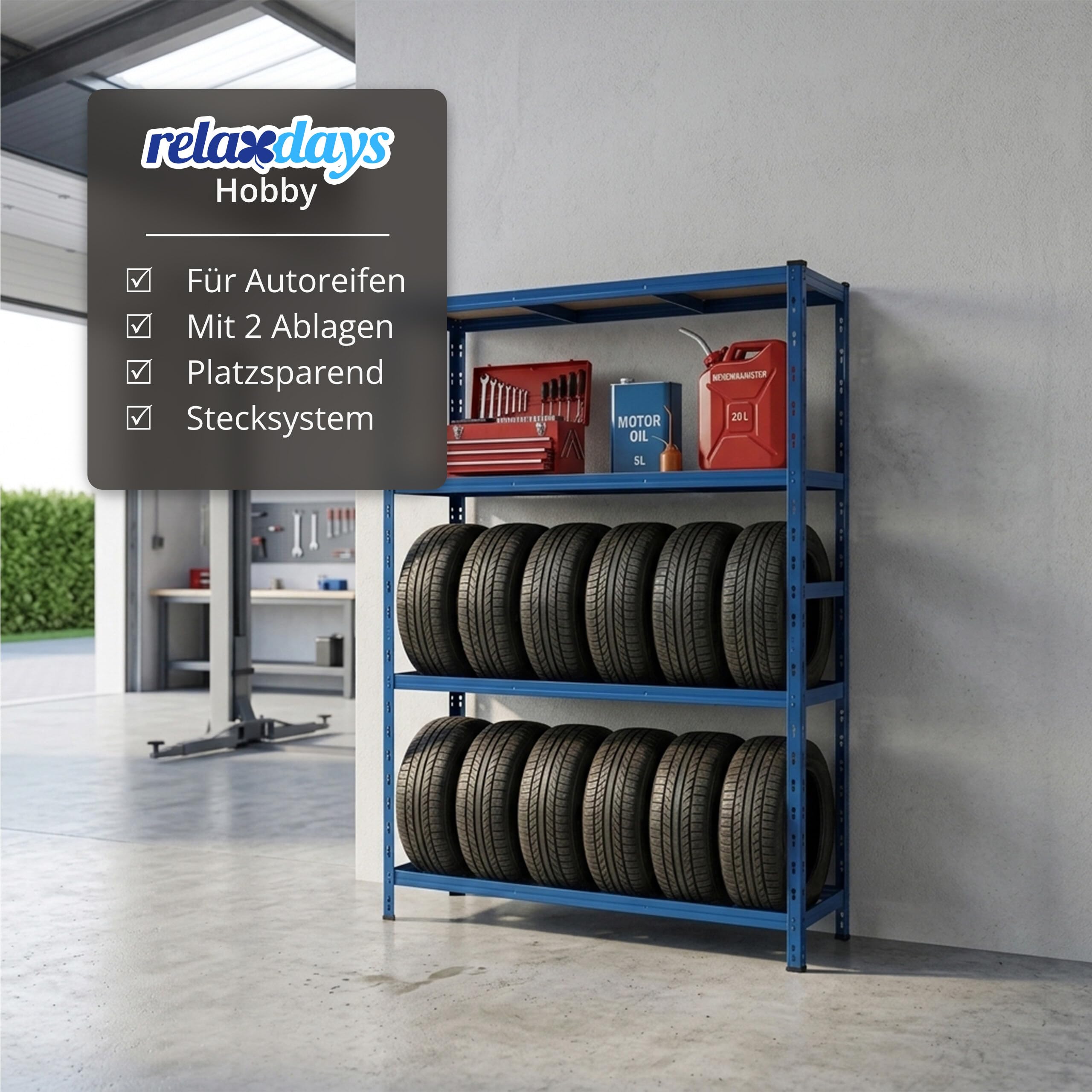 Relaxdays Reifenregal für 12 Reifen, HxBxT 180 x 120 x 40 cm, 600 kg, Stahl, Stecksystem, Reifenlager Werkstatt, blau