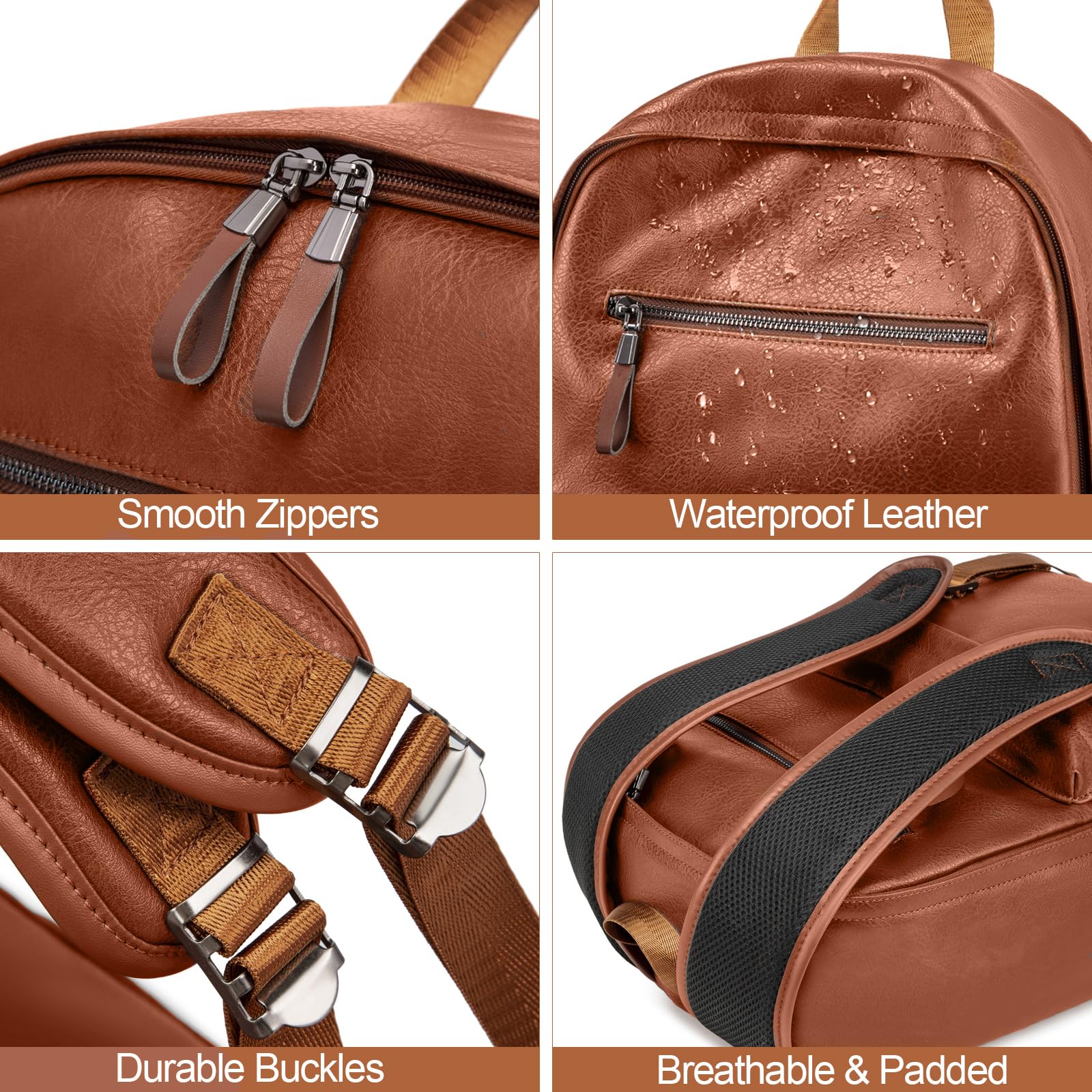 weiatas Leather Laptop Backpack for Men Women Work, Lightweight School Backpack Bookbag for College Students, Waterproof Casual Daypack Travel Computer Backpack fits 15.6 (Brown)