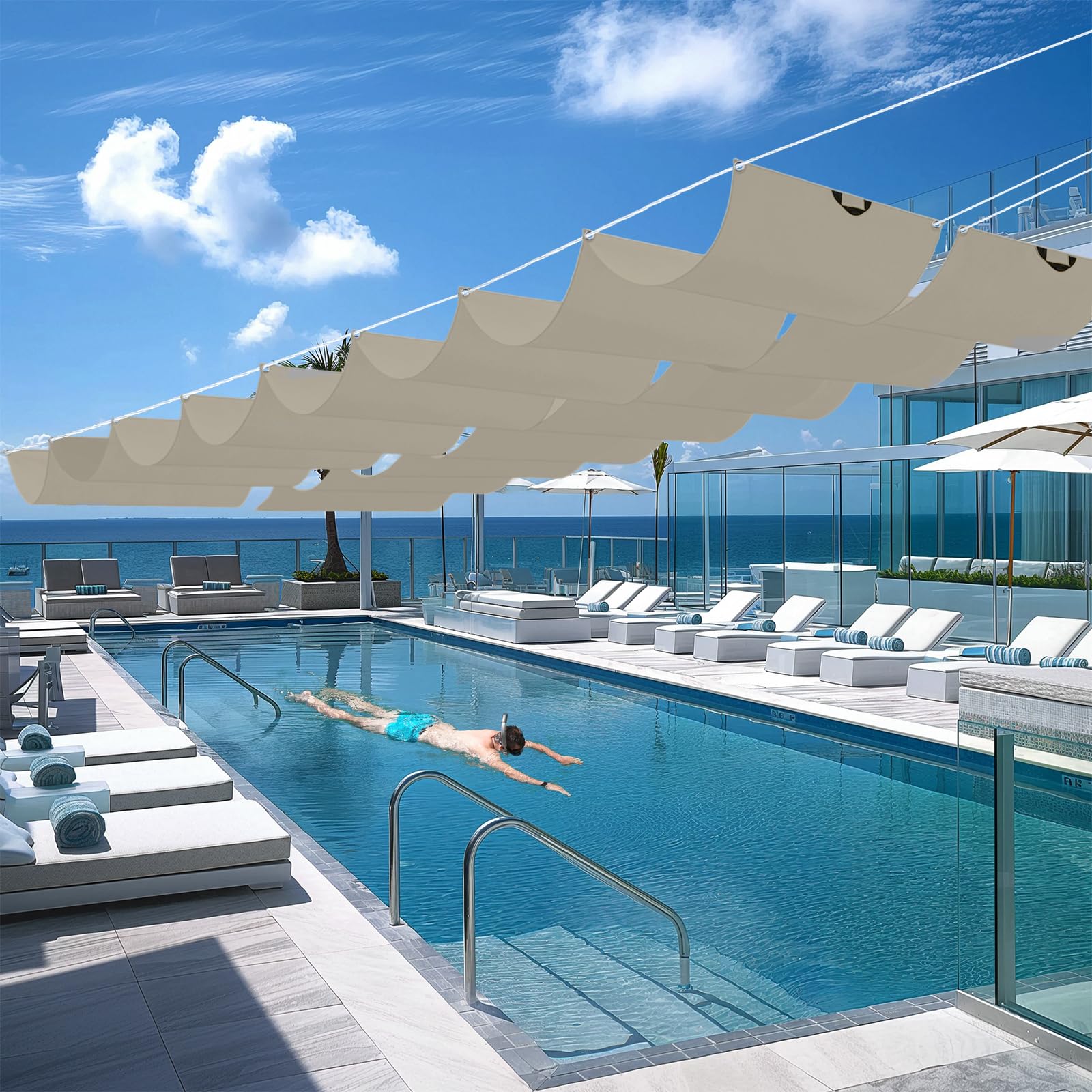 Toldo Retráctil 3 x 12 m Impermeable, 98% Rayos UV Resistente Al Desgarro, Toldo con Protección Solar, Vela Parasol, con Ojales y Cuerdas para Jardín, Pergola, Caqui