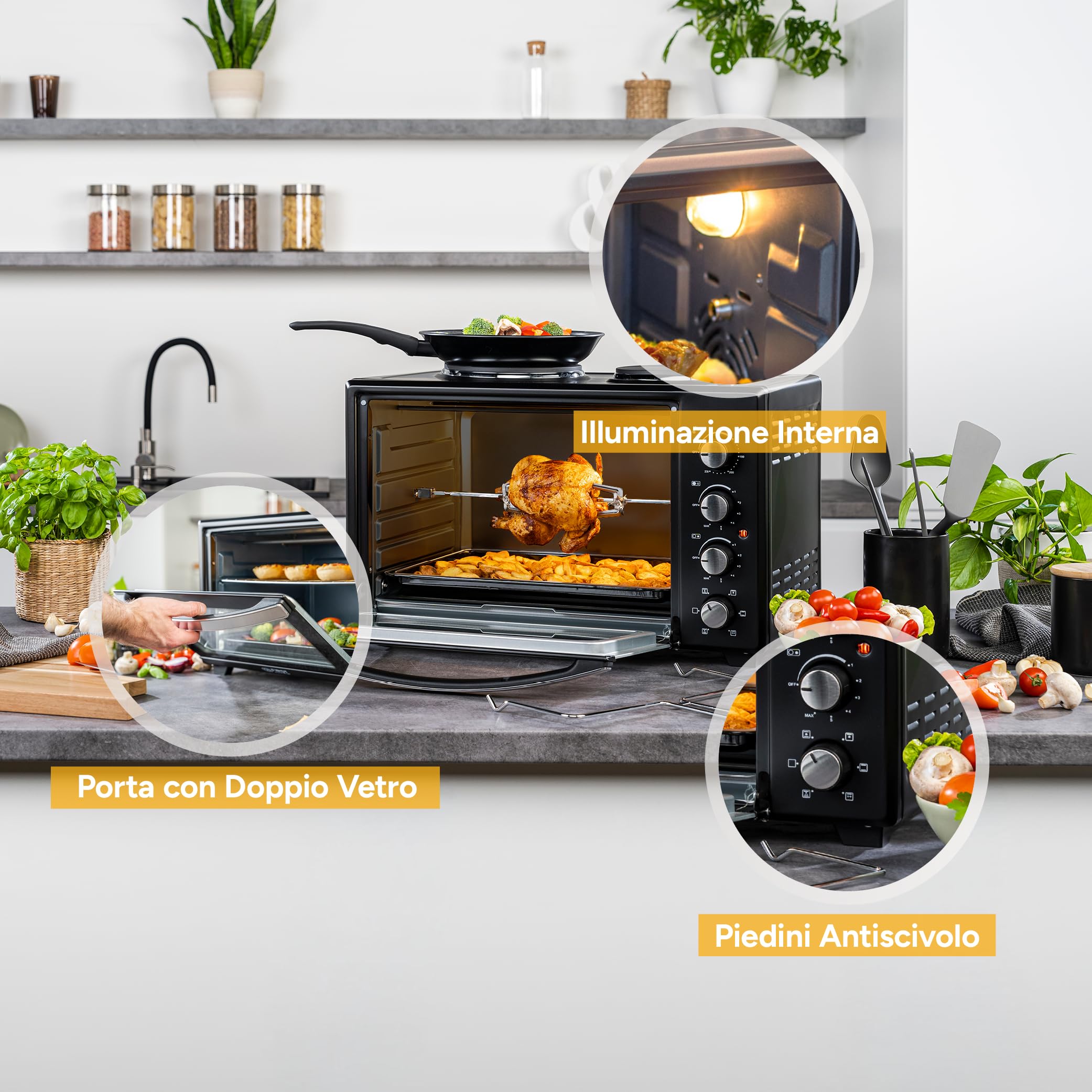 Forno con fornelli 60L 3200W - Fornetto pizza 230°C 6 modalità riscaldamento - Multiforno 4 altezze inserimento