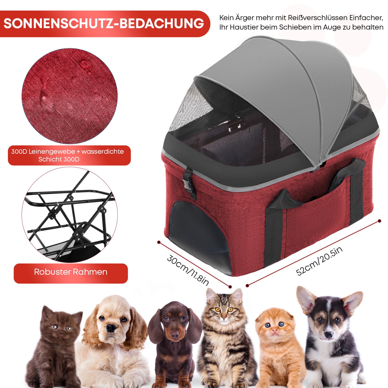 Hundewagen für Haustiere mit Verdeck, 4-rädriger Hundebuggy für kleine/mittelgroße Hunde und Katzen, Netzgewebe, Getränkehalter, Dunkelgrau+Rot