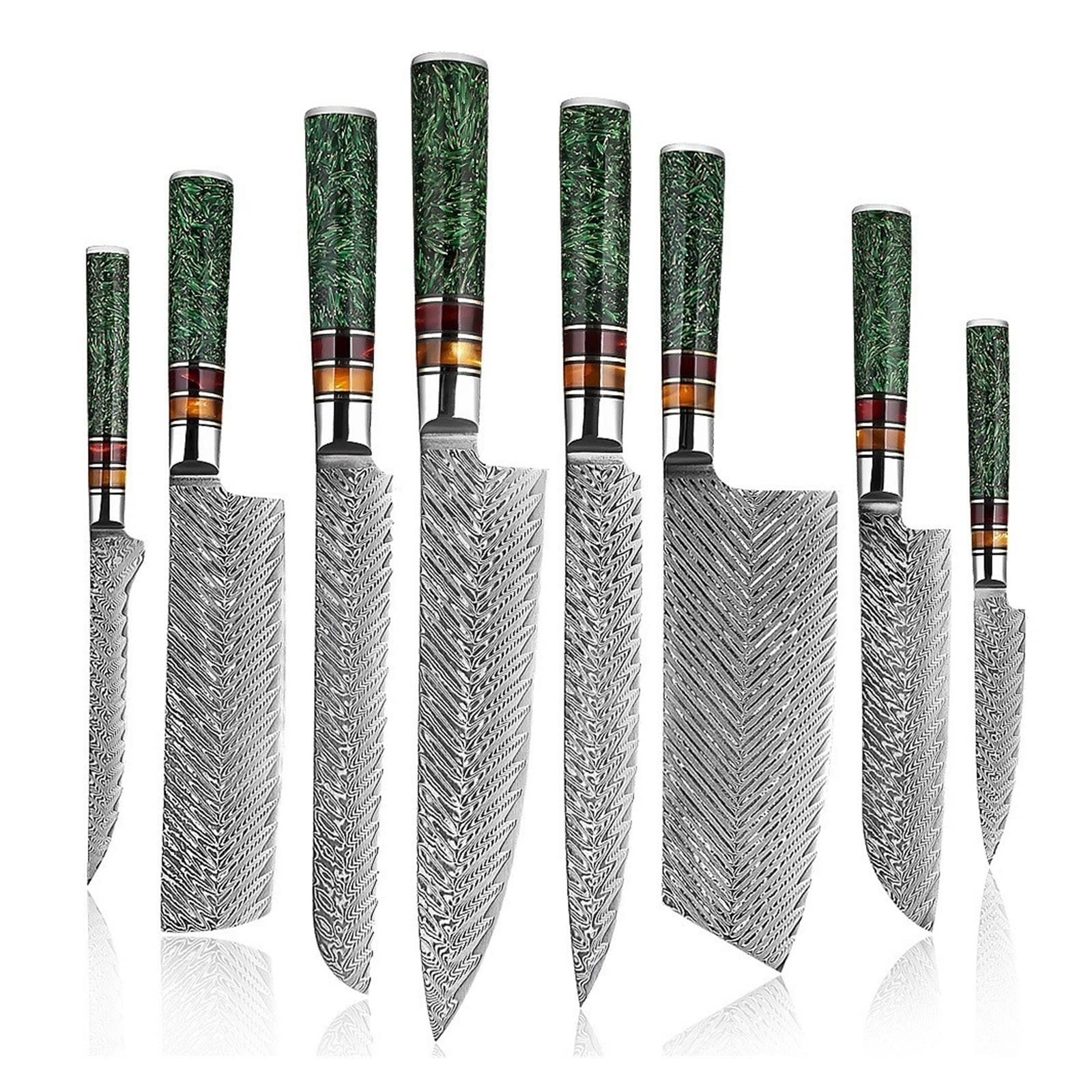 7pcs, 8pcs 67 Strato damasco in acciaio coltelli da cucina professionale set multifunzionale coltello da chef da chef guscio verde guscio manico in resina(8PCS)
