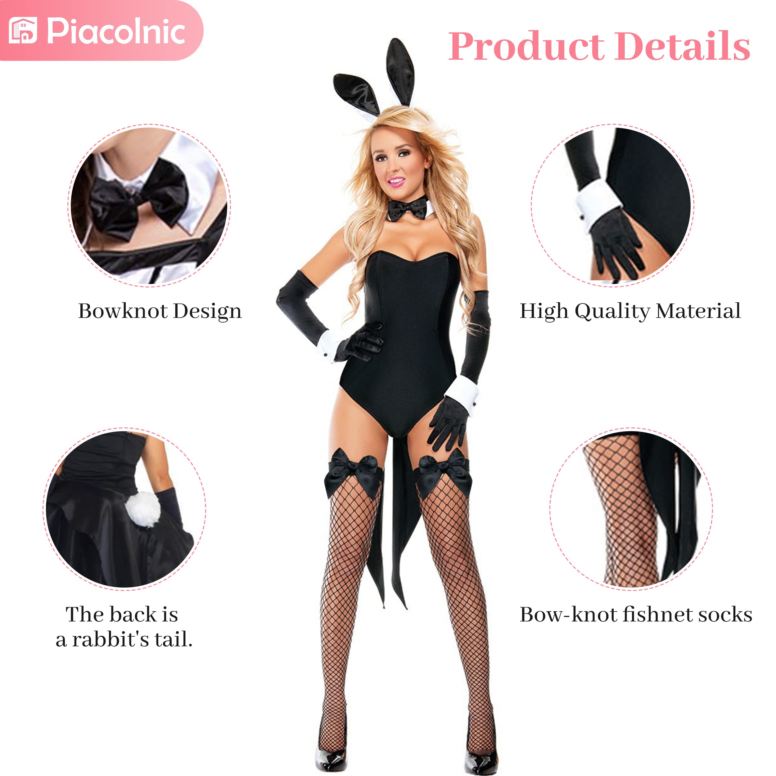 Bunny Costume Set, 6PCS Cosplay Costume for Women Girls Bunny Suit with Rabbit Ears Headband, Bow Tie, Cuff and Tail Easter - Image 3