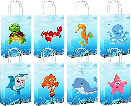 GCKAROTO Paquete de 12 bolsas de fiesta de animales marinos, suministros de cumpleaños, bolsas de papel de regalo Bolsas de juguetes con temática