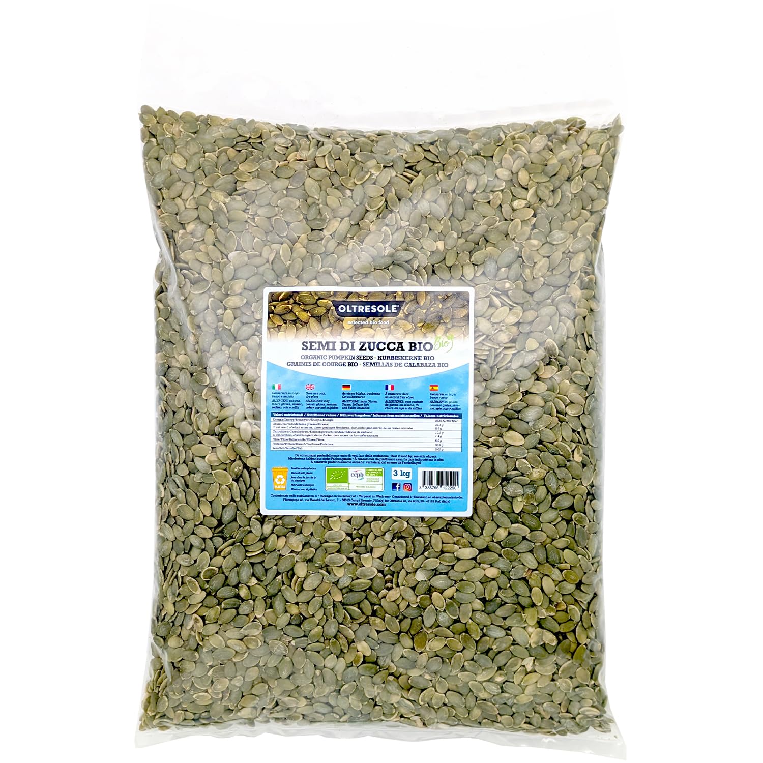 Oltresole | Graines de Courge Décortiquées Bio Sans Sel non Grillées | 3kg | Graines Oléagineuses Crues | Riches en Protéines, Fibres et Zinc | Idéales pour Snack et Salades | Format Familial