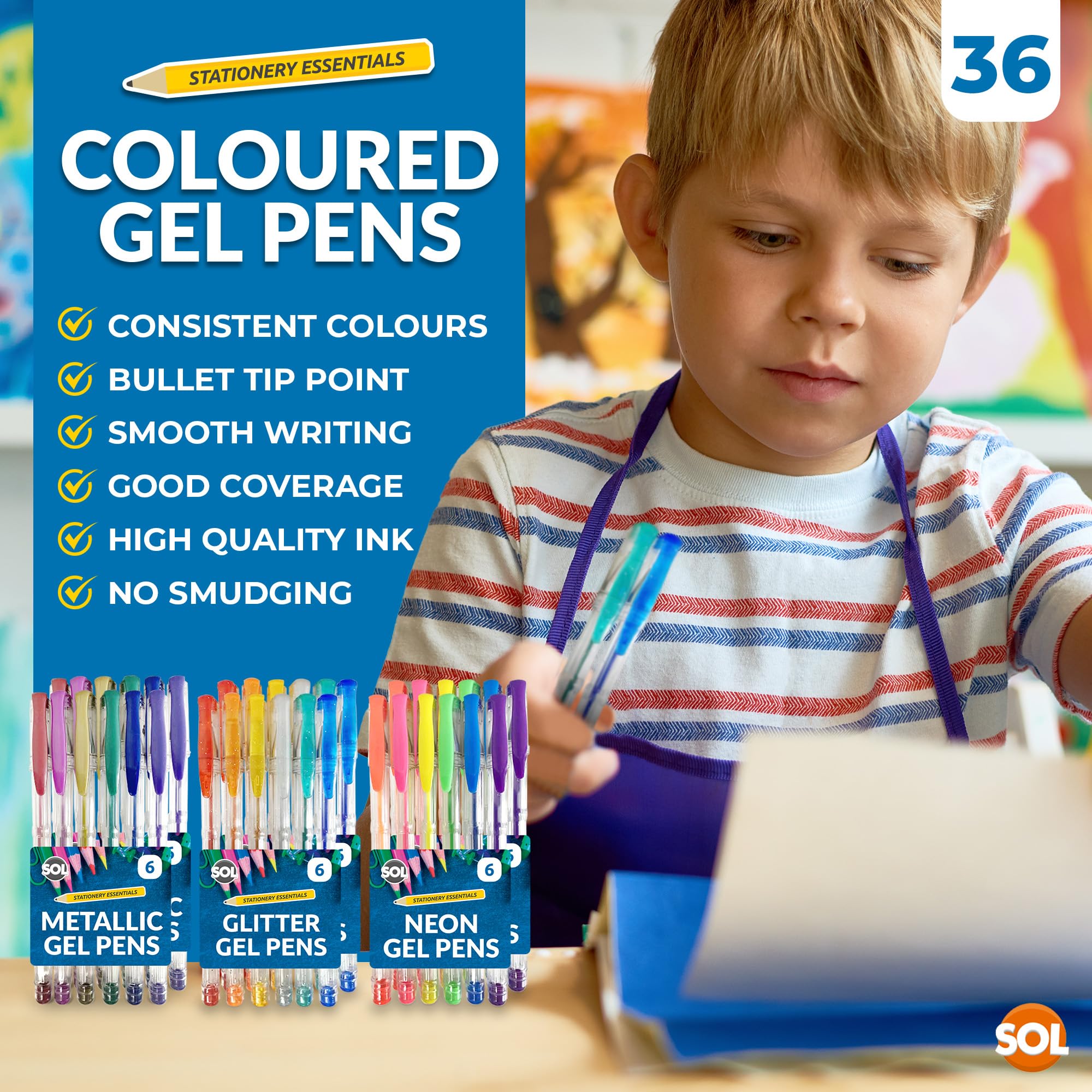 SOL 36pk Gel Pens, Assorted Colours with Glitter, Neon and Metallic Inks, Smooth Writing Pens for Journaling Drawing - Image 3