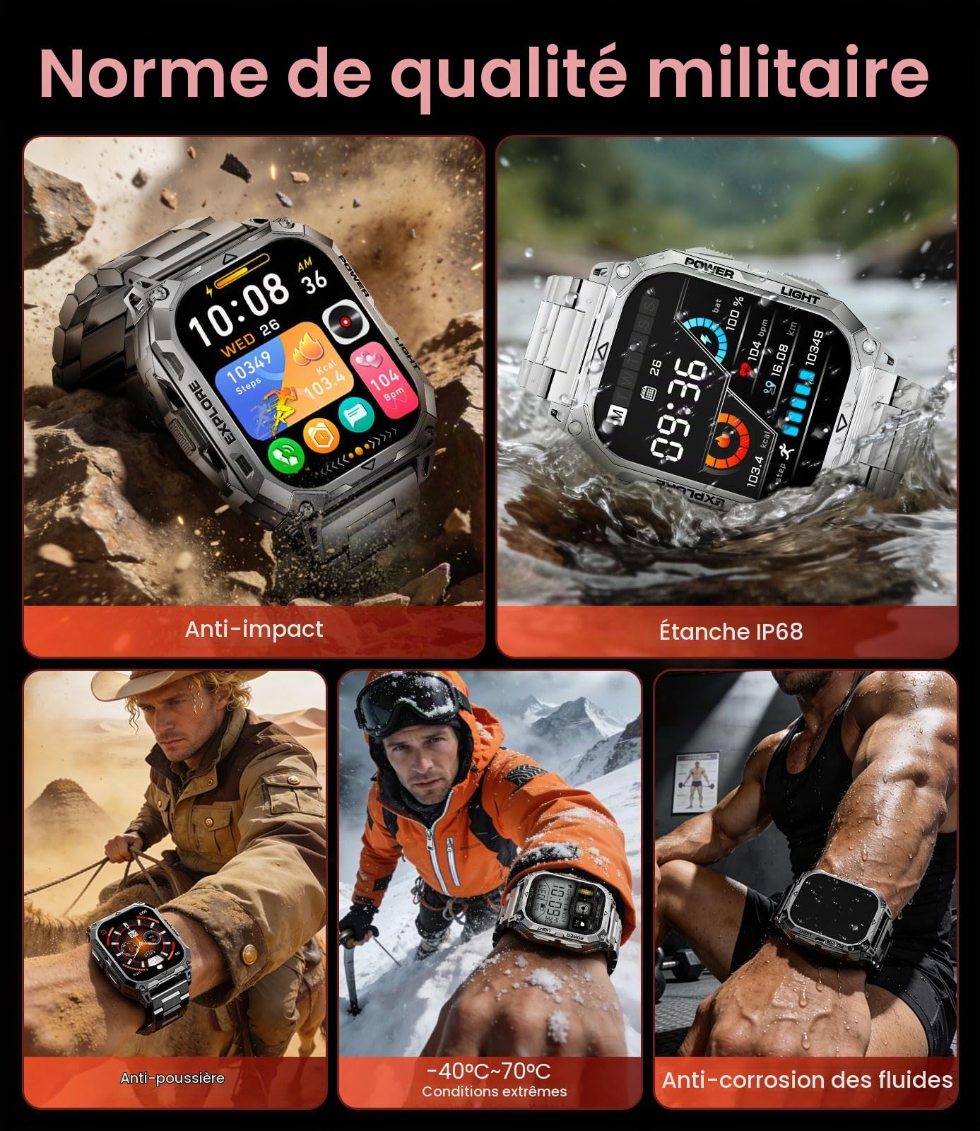 Montre Connectée Homme Militaire, 2.01" HD Grand Écran Smartwatch avec Appel/Torche LED/Batterie 900mAh/Fitness Tracker/100+ Modes Sportifs, 2 Câbles, IP68 Étanche pour Android iOS, Noir-orange