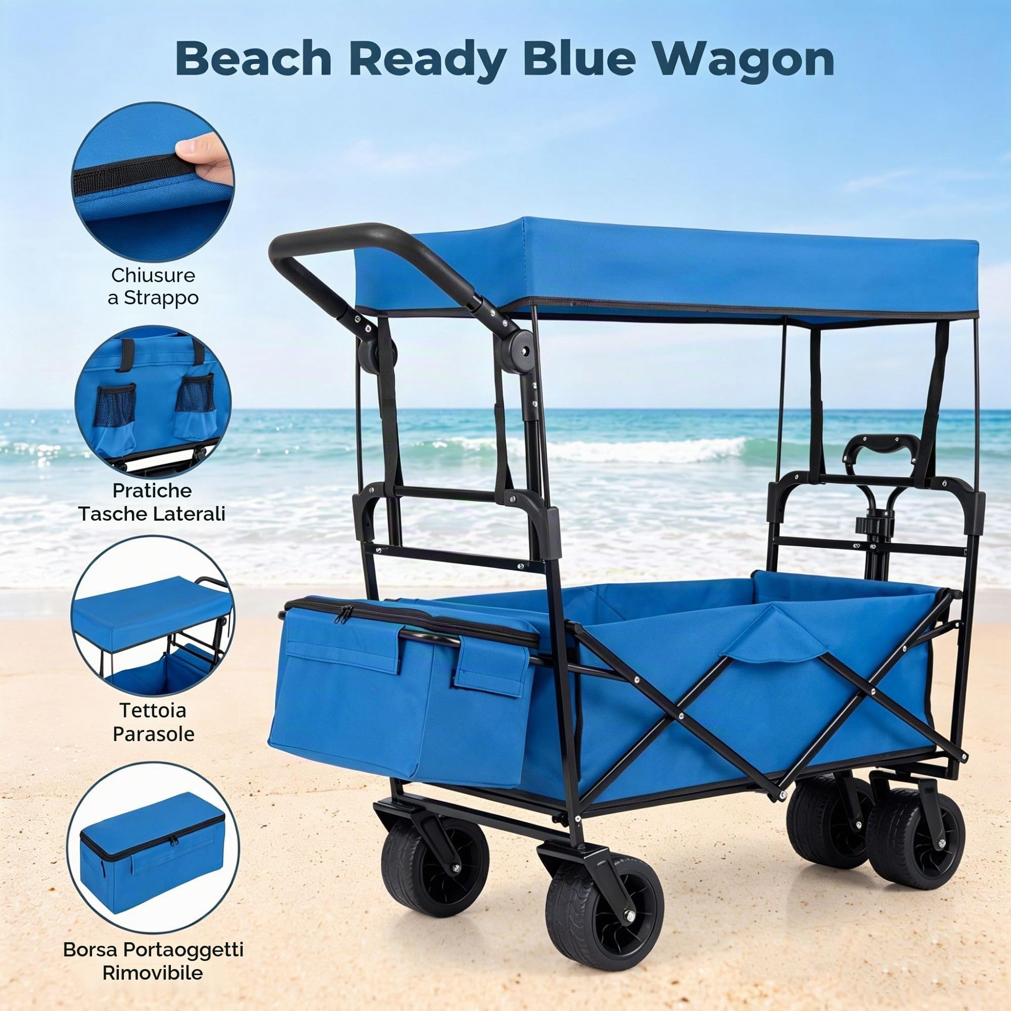 SOARS Carrello Spiaggia Pieghevole con Tetto, Carrello da Trasporto con Ruote Grandi e Borsa Portatutto, Carrello da Campeggio e Giardino, in Acciao Resistente, Chiusura Rapida, 100 KG, 100L (Blu)