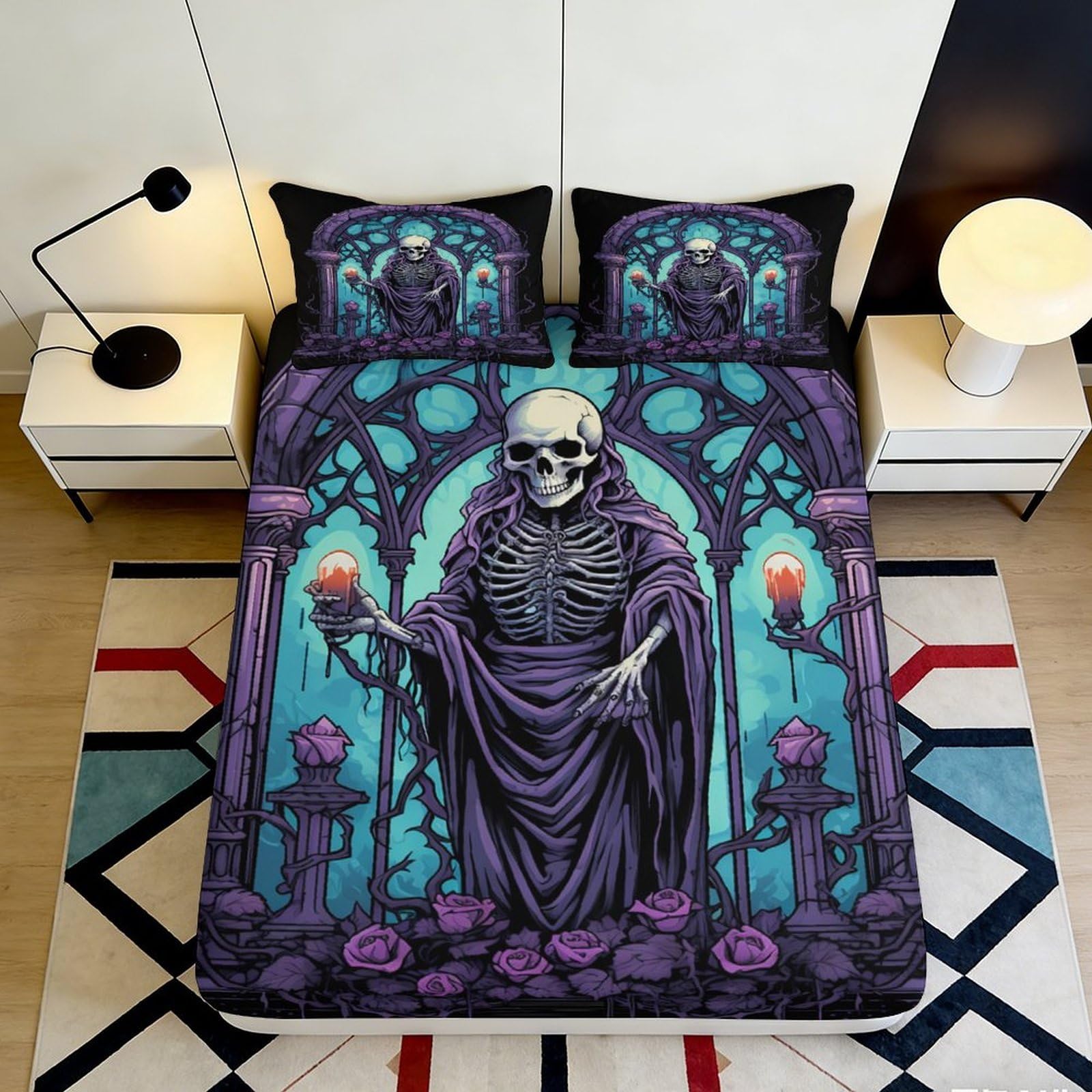 3D Printed Gothic Skeleton Fitted Sheet Microfiber Purple Candle Art Mattress Cover for Bedroom Dorm Bed Decor 90x200x25cm