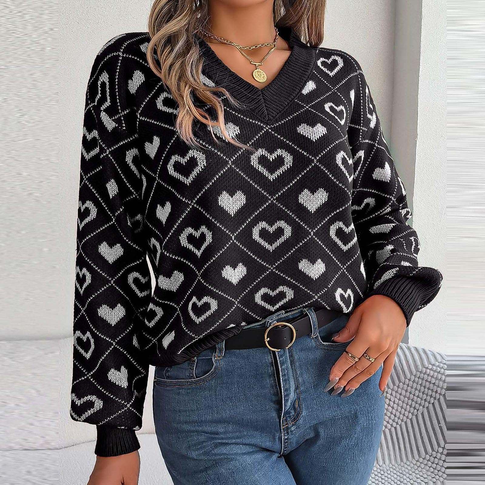 Generisch Jersey de invierno para mujer, estilo informal, colores de contraste, manga de diseño, para San Valentín