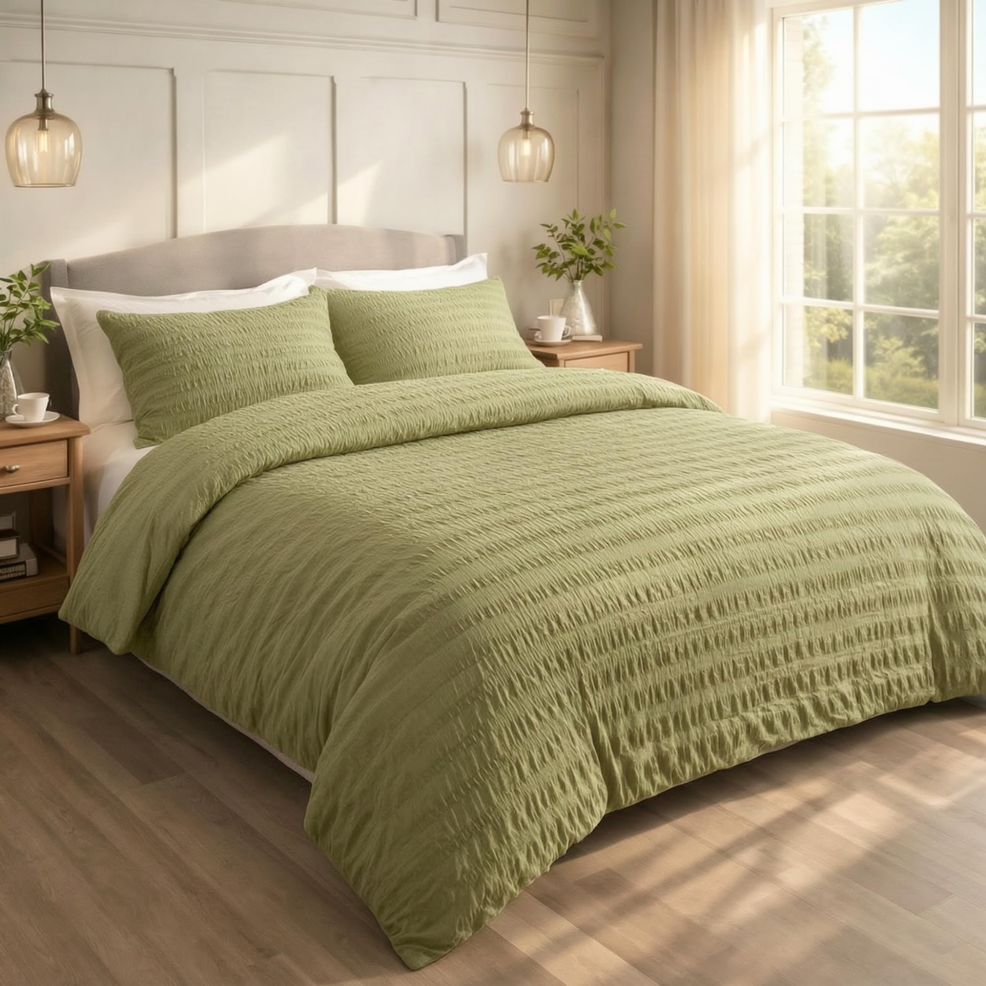 Seersucker King Duvet Cover Set Sage Green with Pillowcase, Ultra Soft Brushed Microfiber Bedding Set, Breathable, Easy Care, Machine Washable Quilt Cover, Wrinkle Resistant