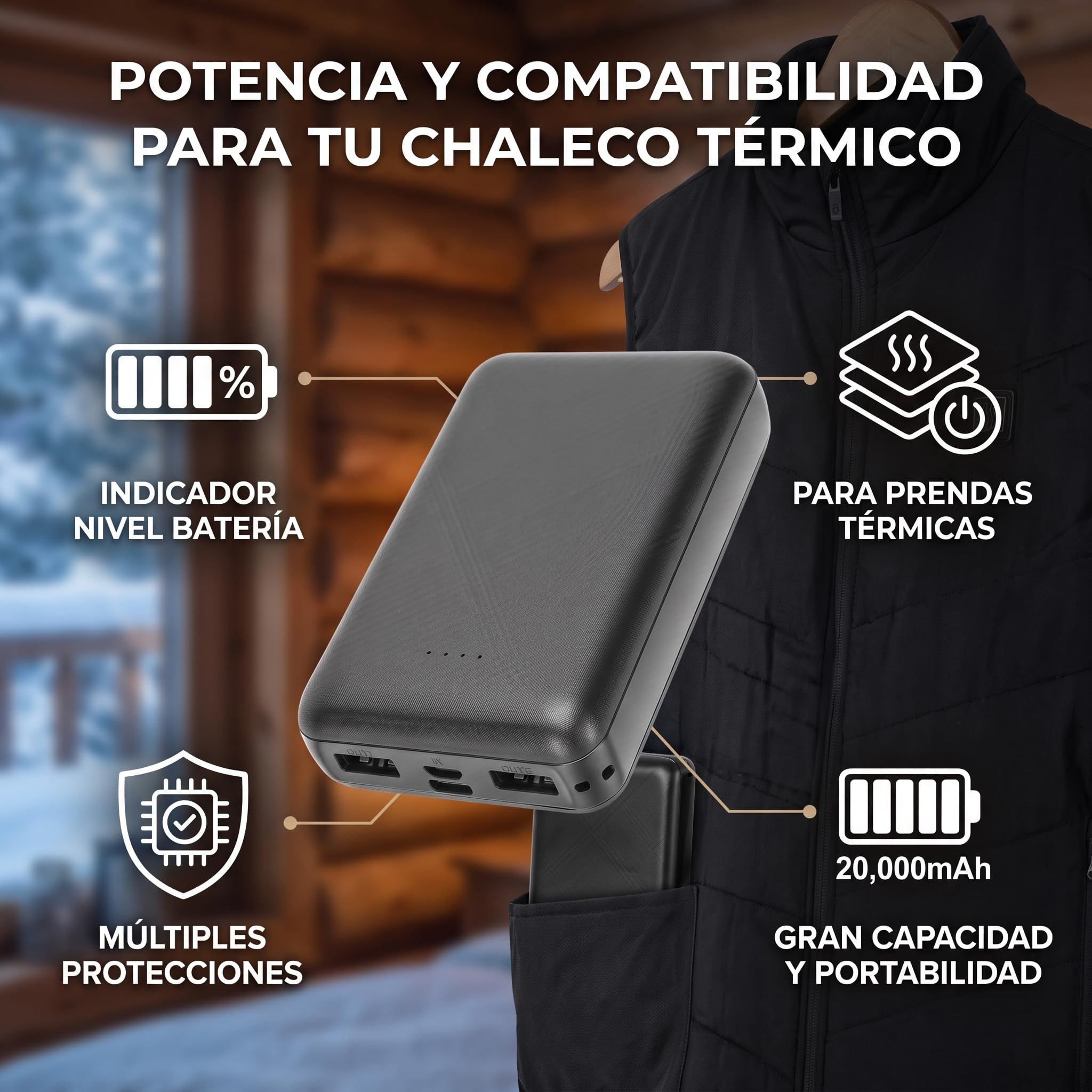 GLOGLOW Batterie de Gilet Chauffant 20 000 MAh, Matériau PC ABS, Batterie Externe Portable avec Puce Intelligente pour Vêtements Chauffants, Idéale pour Les Activités de Plein Air et Les Vêtements
