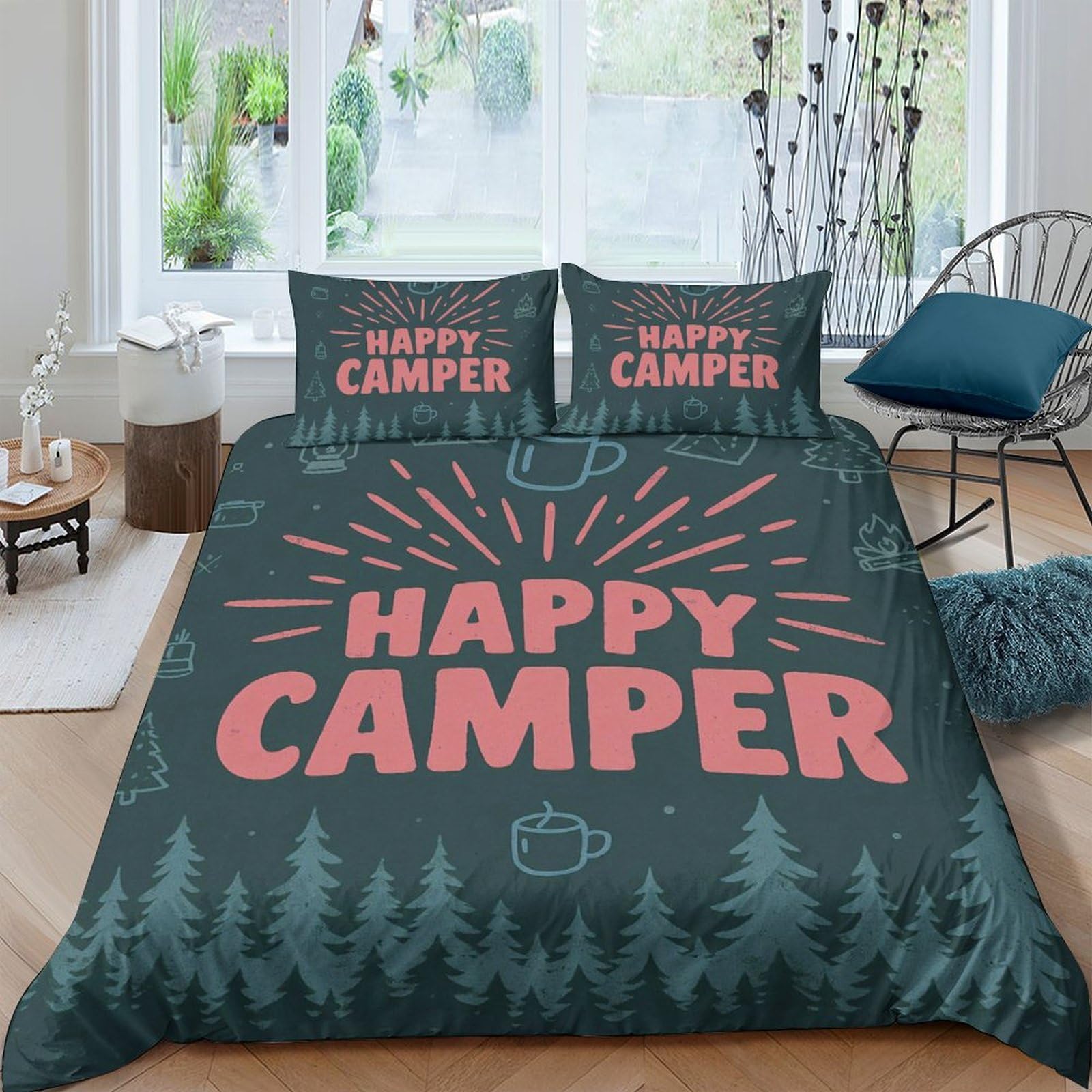 Ctjqhvkz Style-7 3D Printed Happy Camper Fitted Sheet Microfiber Forest Graphic Bed Cover Machine Washable Bedroom Dorm Decor Single（135X200cm）