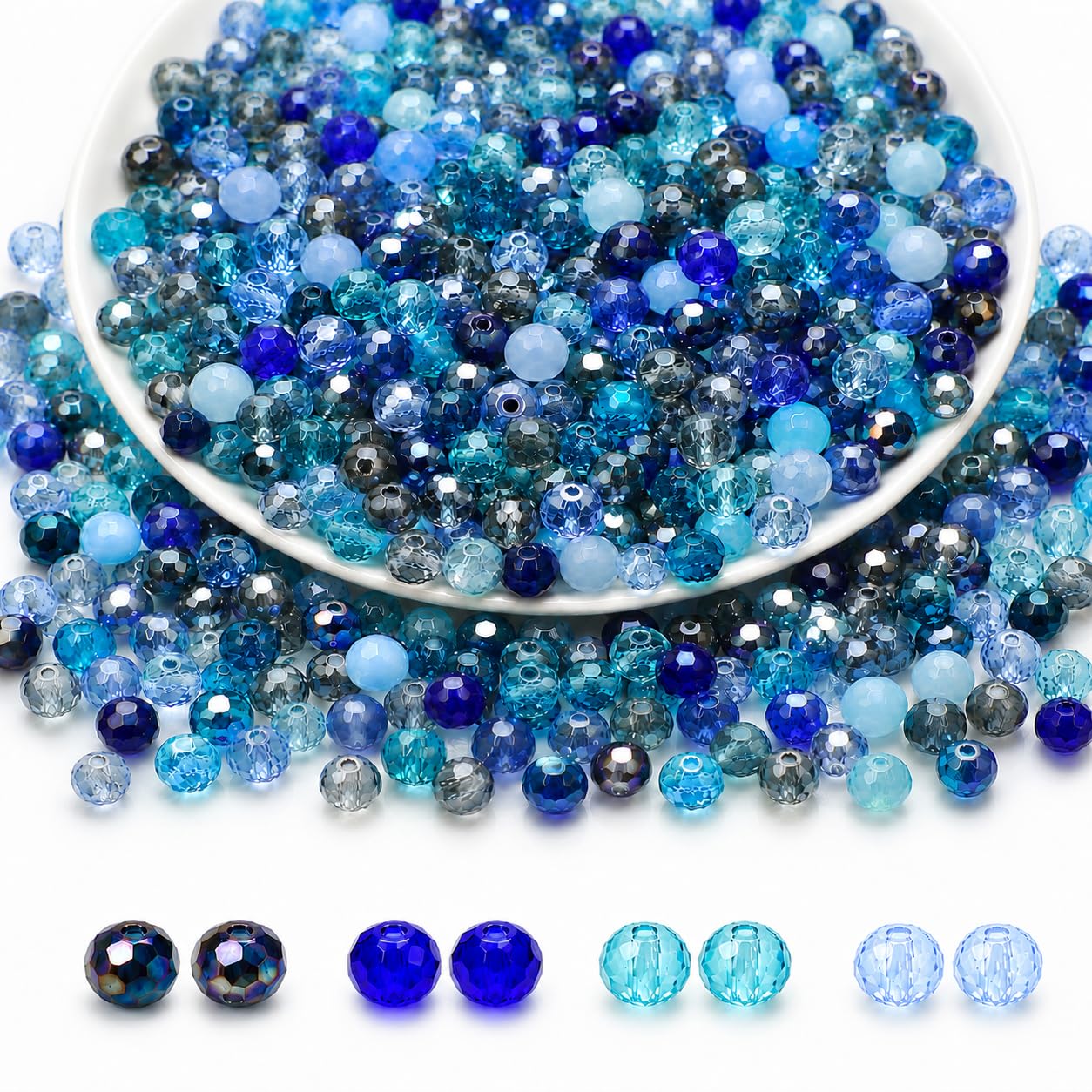 500PCS 4mm Blue Glass Beads for Jewellery Making, Mixed Blue Faceted Rondelle Beads, Small Spacer Beads with 1mm Hole for Bracelet, Necklace, Earrings, Anklet, Keychain and Craft Projects