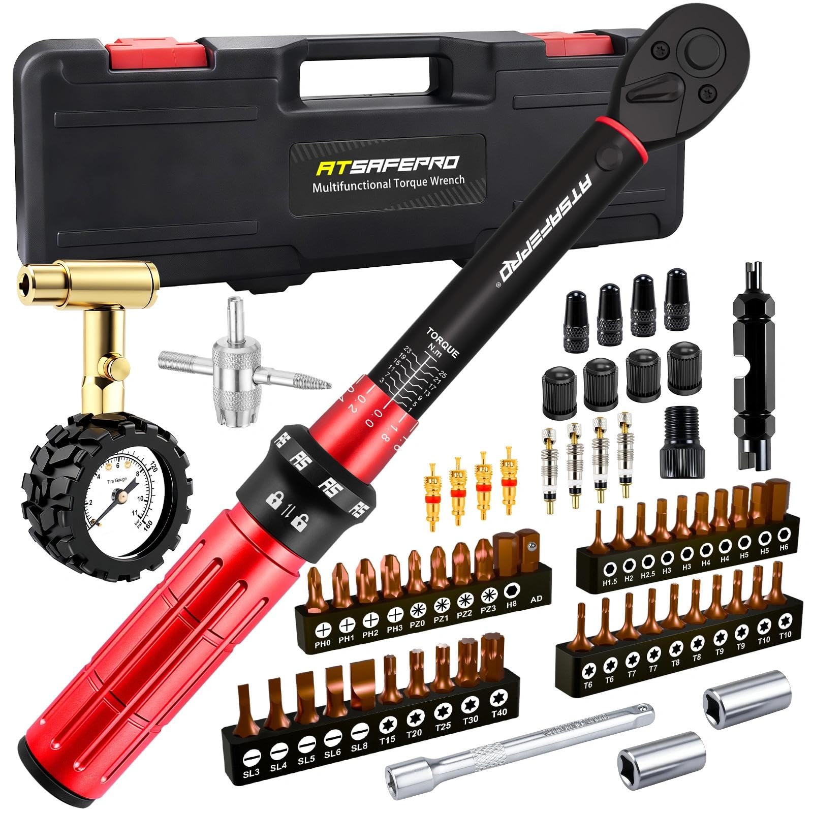 ATsafepro 61-Sztukowy 1/4" 1-25 Nm Klucz Dynamometryczny Rower Zestaw, Manometr Ciśnienia w Oponach 11 Bar, Dokładność ±3%, Mechanizm 72 Zęby Dwukierunkowy, Narzędzie do Zaworów, 40 Bitów, Przedłużka,