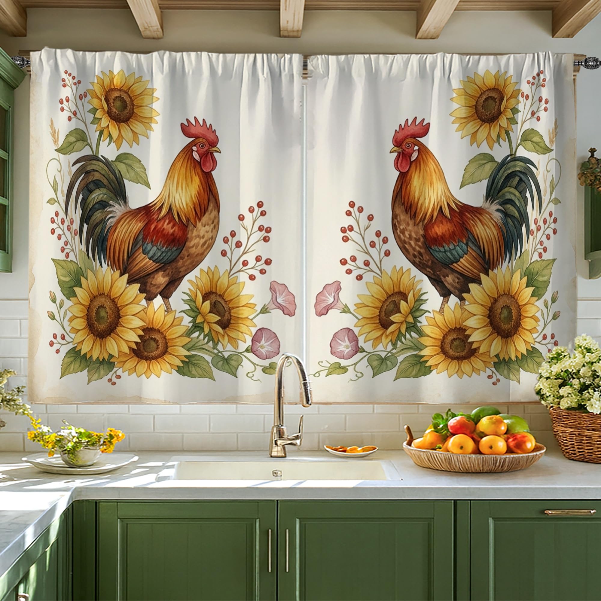 Rideaux de cuisine à étages coq et tournesol pour embellir votre évier
