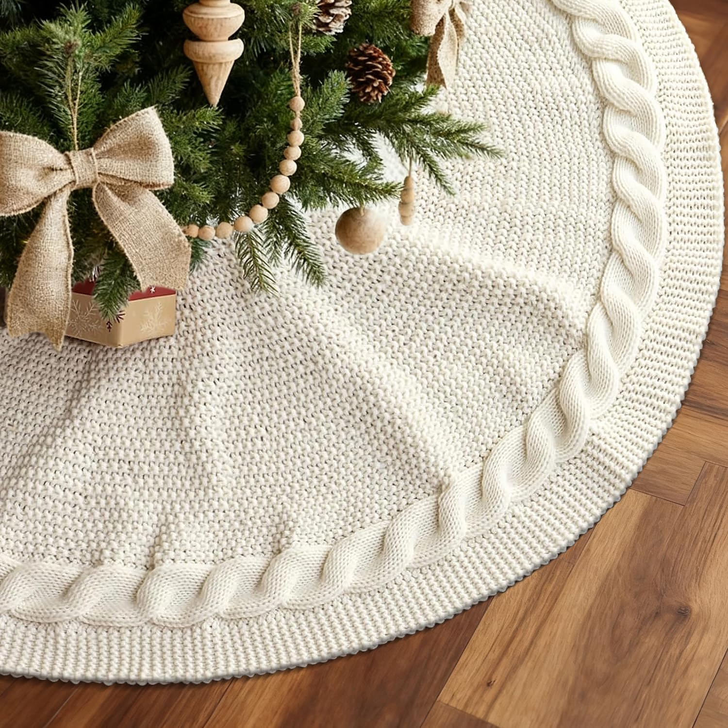 yuboo Boho Cream Cable Knit Tree Skirt,48 inch Neutral Knit Tree Skirt Christmas Tree Rug - White Bohemia Christmas Decorations