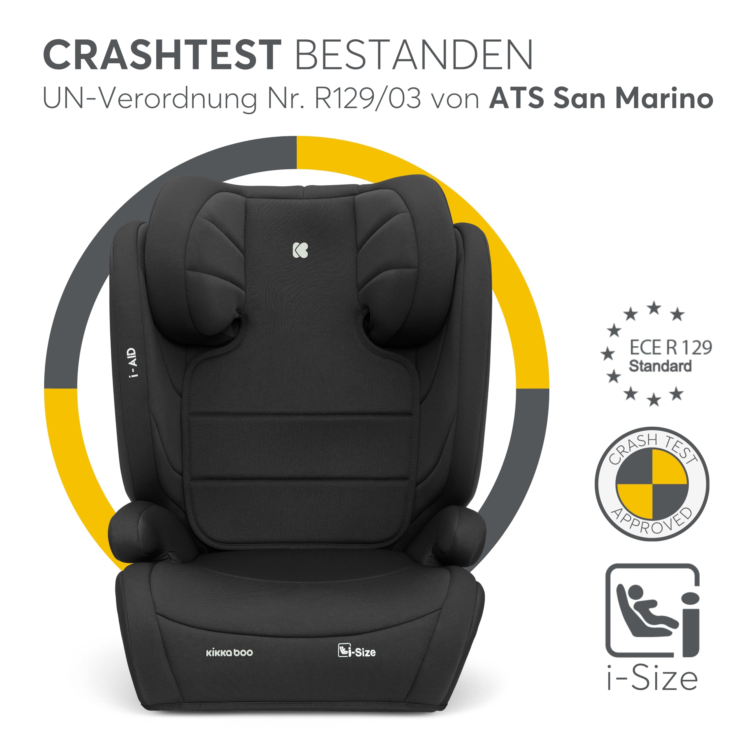 KikkaBoo Kindersitz 15-36 kg Gruppe 2-3 i-Size i-AID ohne ISOFIX 13-fach verstellbare Kopfstütze Schwarz
