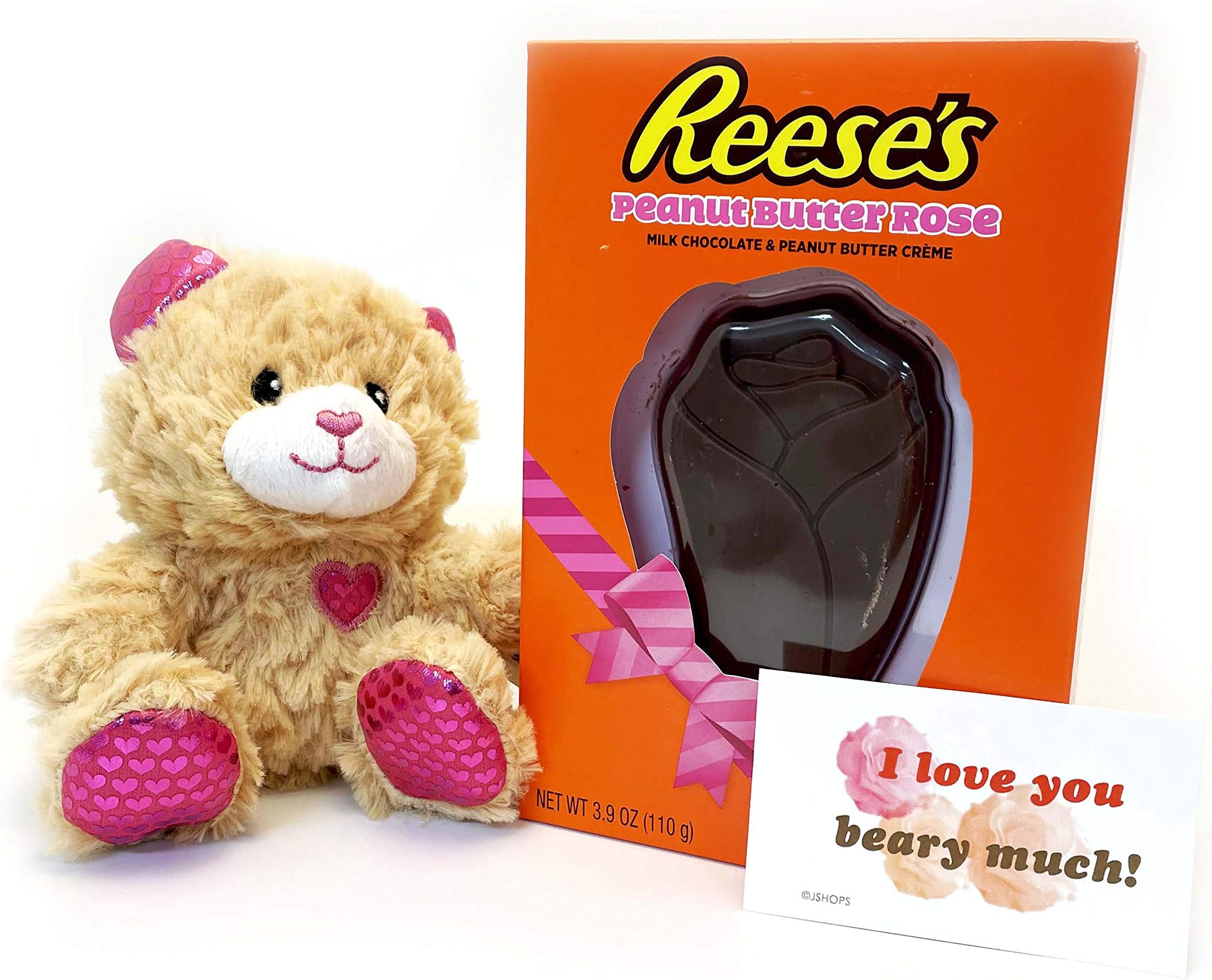 Valentines Day Reese's Chocolate Peanut Butter Rose Shaped Chocolate Gift Box for Him or Her, Card, and Plush Stuffed Animal Doll Gift Set (Beige Bear)