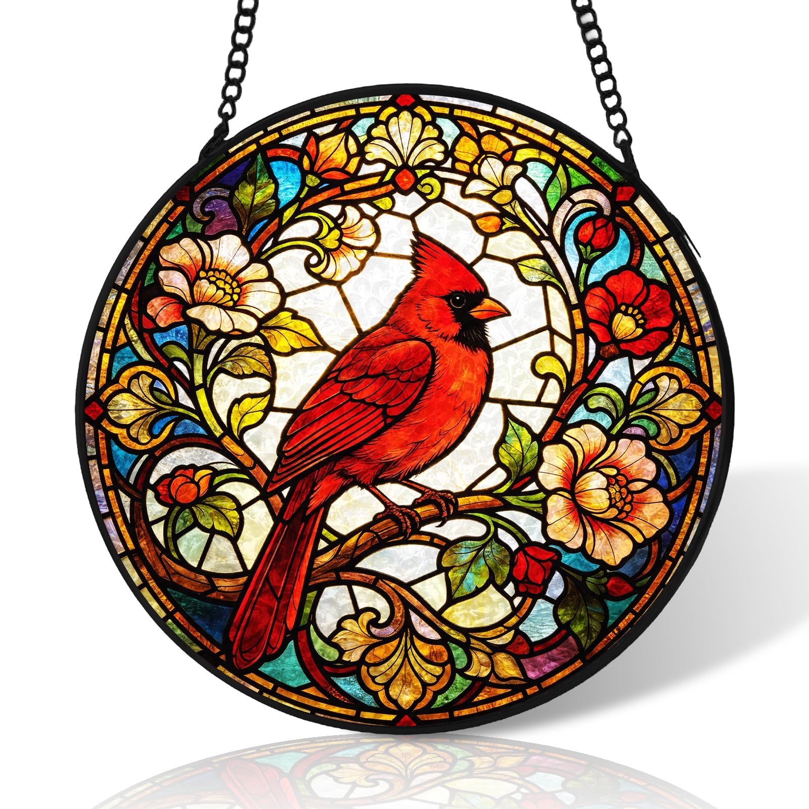 8 inch Cardinal Stained Glass Suncatcher Windows Hanging,Stained Glass Ornament Home Decor,Suncatchers for Windows Hanging,Birthday Gifts for Women,Lovers,Friend(Black)