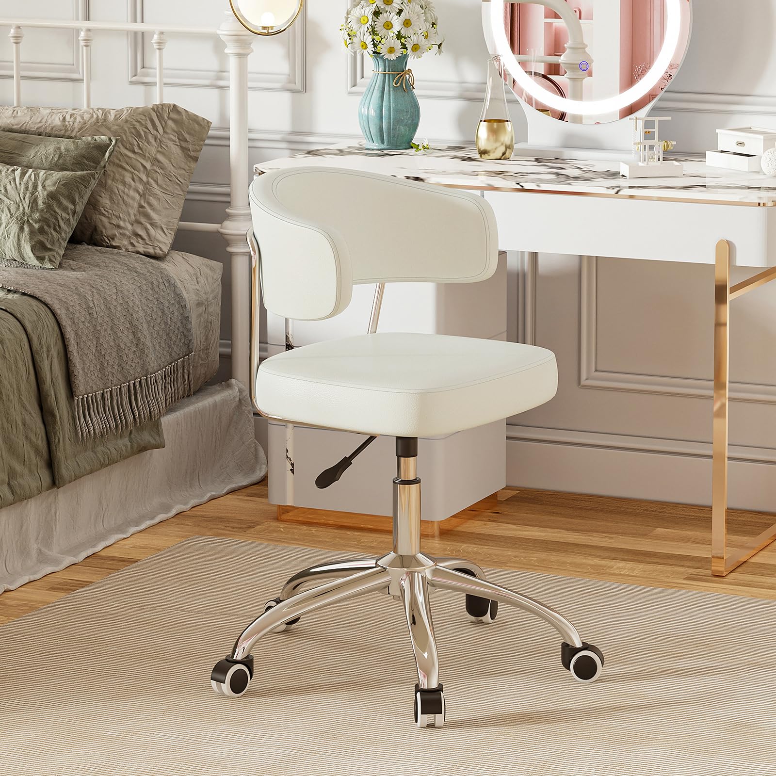 Silla de Oficina con Altura Ajustable, Ideal como Silla Tocador con Respaldo Curvo, Silla Giratoria de PU, Capacidad de Carga hasta 150 kg, Silla de Escritorio para Oficina y Dormitorio, Blanco