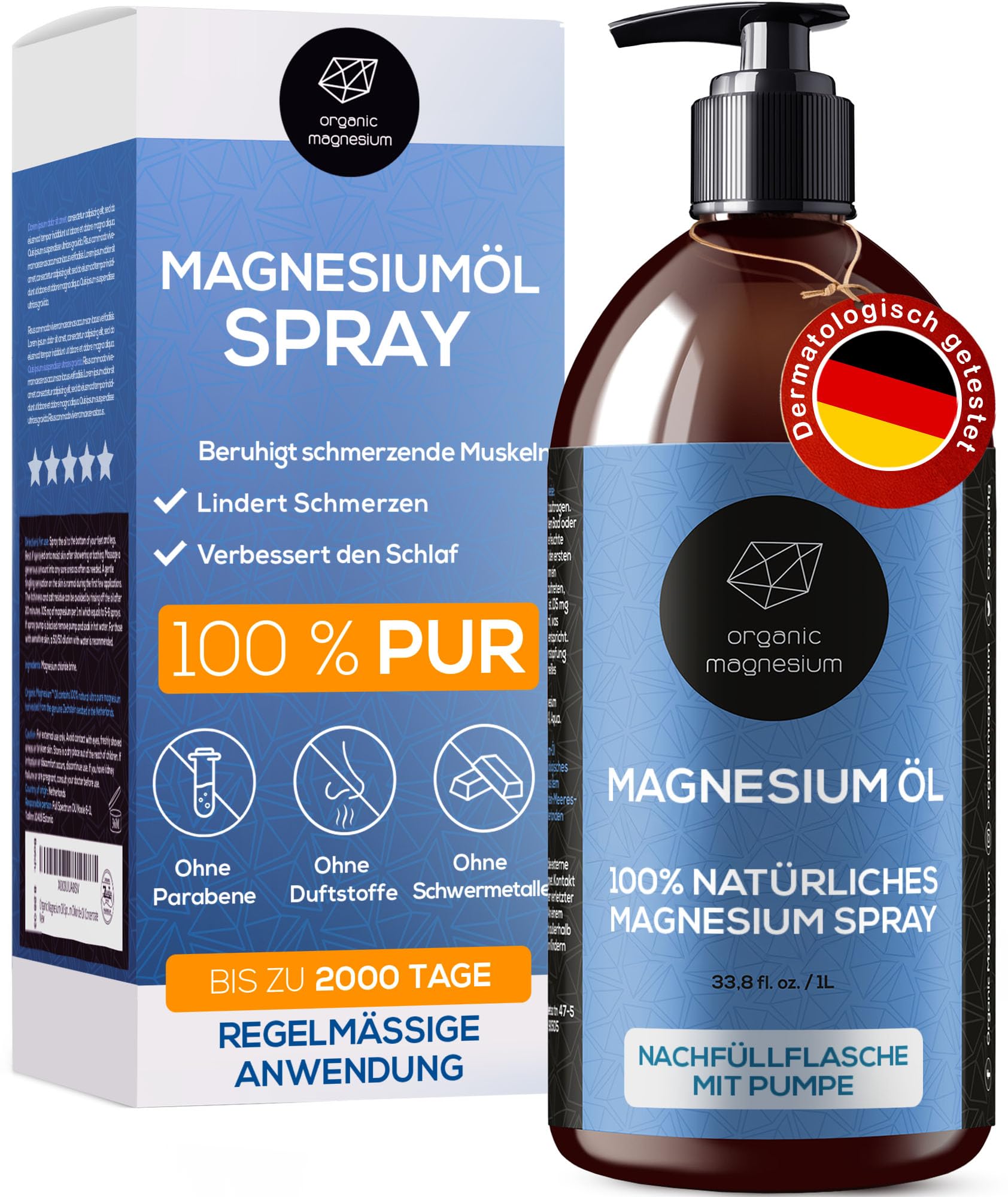 Ultra Pur MagnesiumÖl Spray - 100% Natürlich Reines Zechstein Öl von Organic Magnesium | Perfekt für Sport & Muskel entspannung | Flüssig MagnesiumChlorid Oil Konzentrat