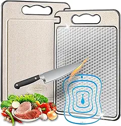 Tábua de Corte para Cozinha Dupla Face Aço Inoxidável e Palha de trigo,Superfície Higiênica para Carnes,Vegetais Frutas,Afiador Integrado,Base Antiderrapante, Alça Ergonômica，Canaletas Antirrespingo