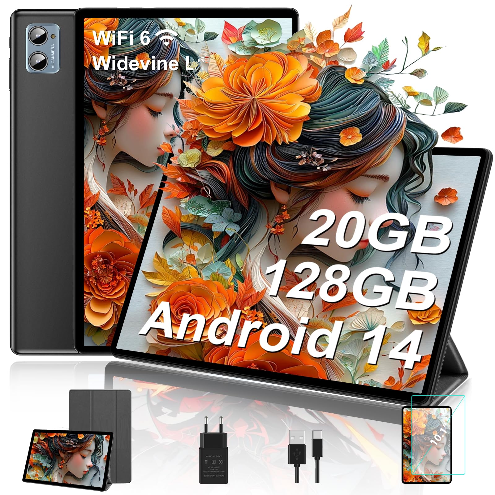 SUAAT Tablet Android 14 10 Pollici 20GB RAM+128GB ROM(1TB TF), Octa-Core,2.0Ghz, WiFi6,Widevine L1, Bluetooth 5.0, GMS,6000 mAh, 5MP + 8MP,OTG, Cast, Tablet PC con Custodia,tablet in offerta,Nero