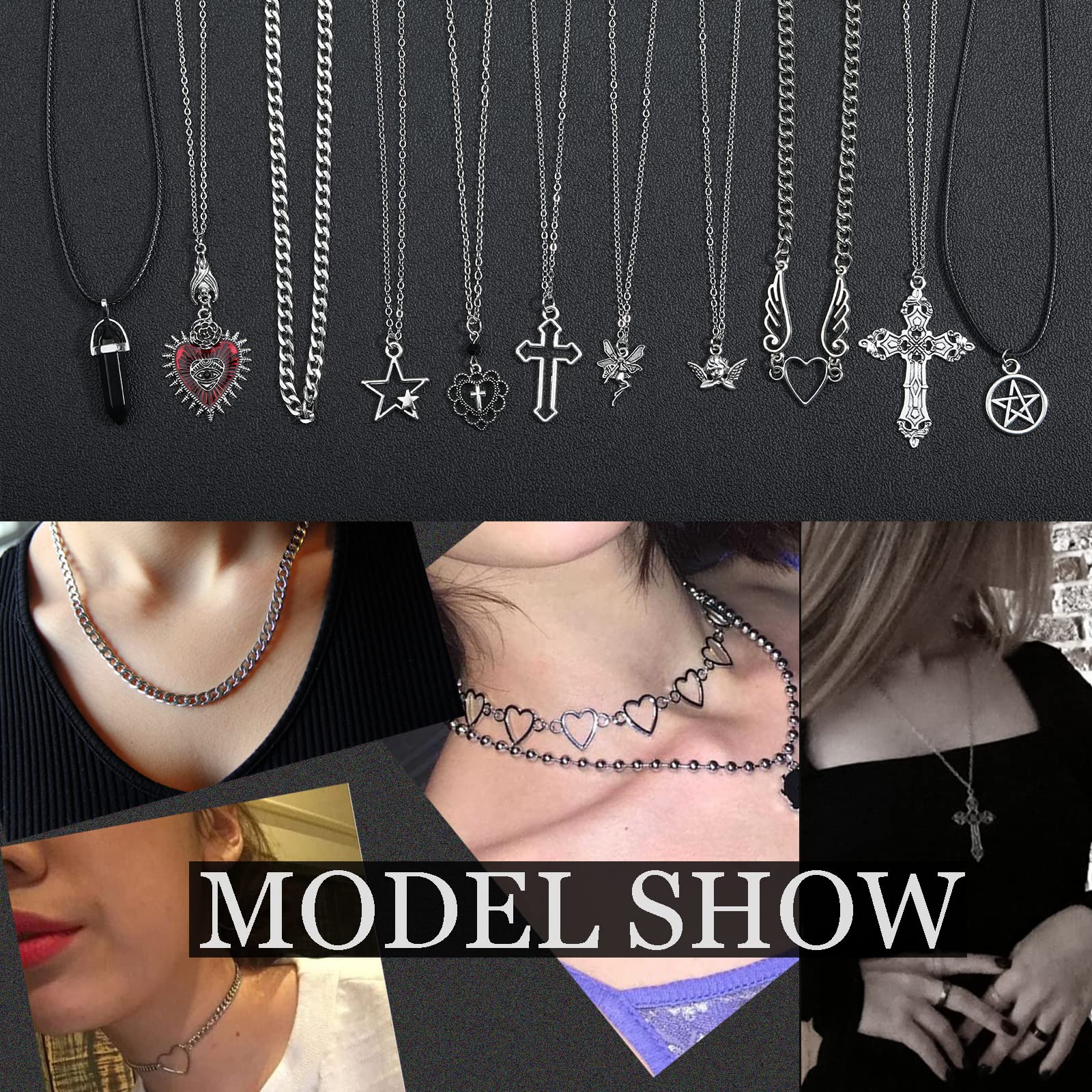 Juego de 14 piezas de collar gótico grunge Y2k Grunge joyería gótica cruz Y2k estrella Emo accesorios Y2K conjunto de joyas para mujeres y hombres, Zinc, Sin piedra preciosa 3