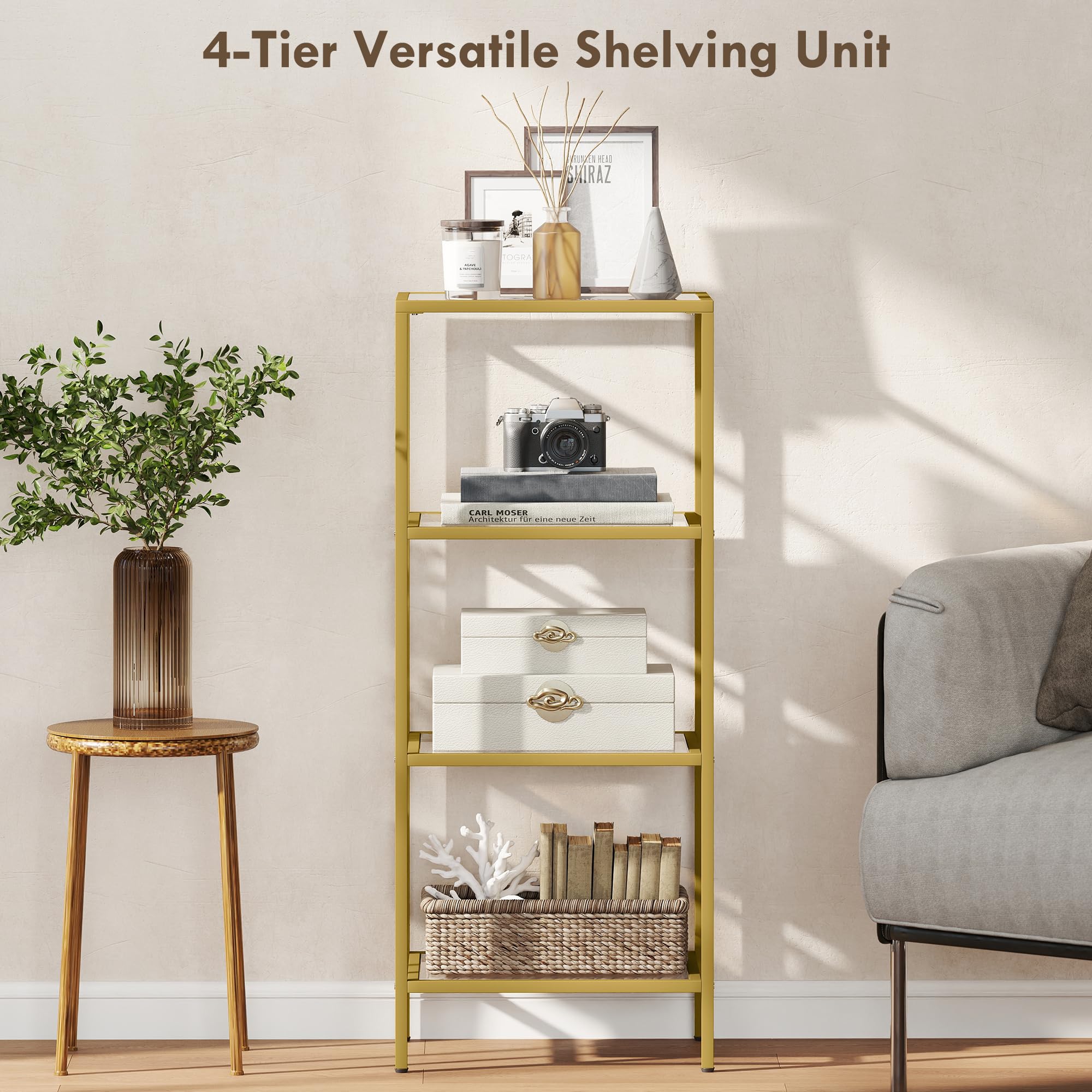 HOMCOM 4-stöckiges Glasregal modern 40x30x97 cm Goldfarben