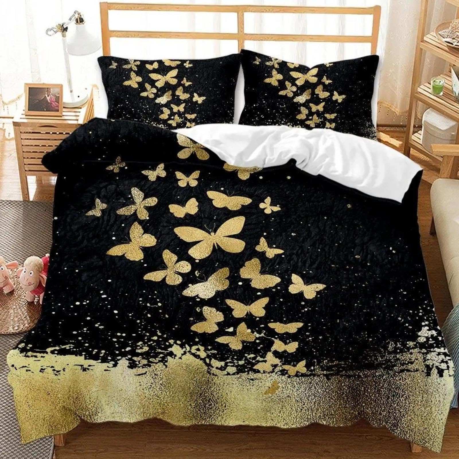 Housse de couette papillon doré pour filles literie noire blanche grand lit 230x260 cm