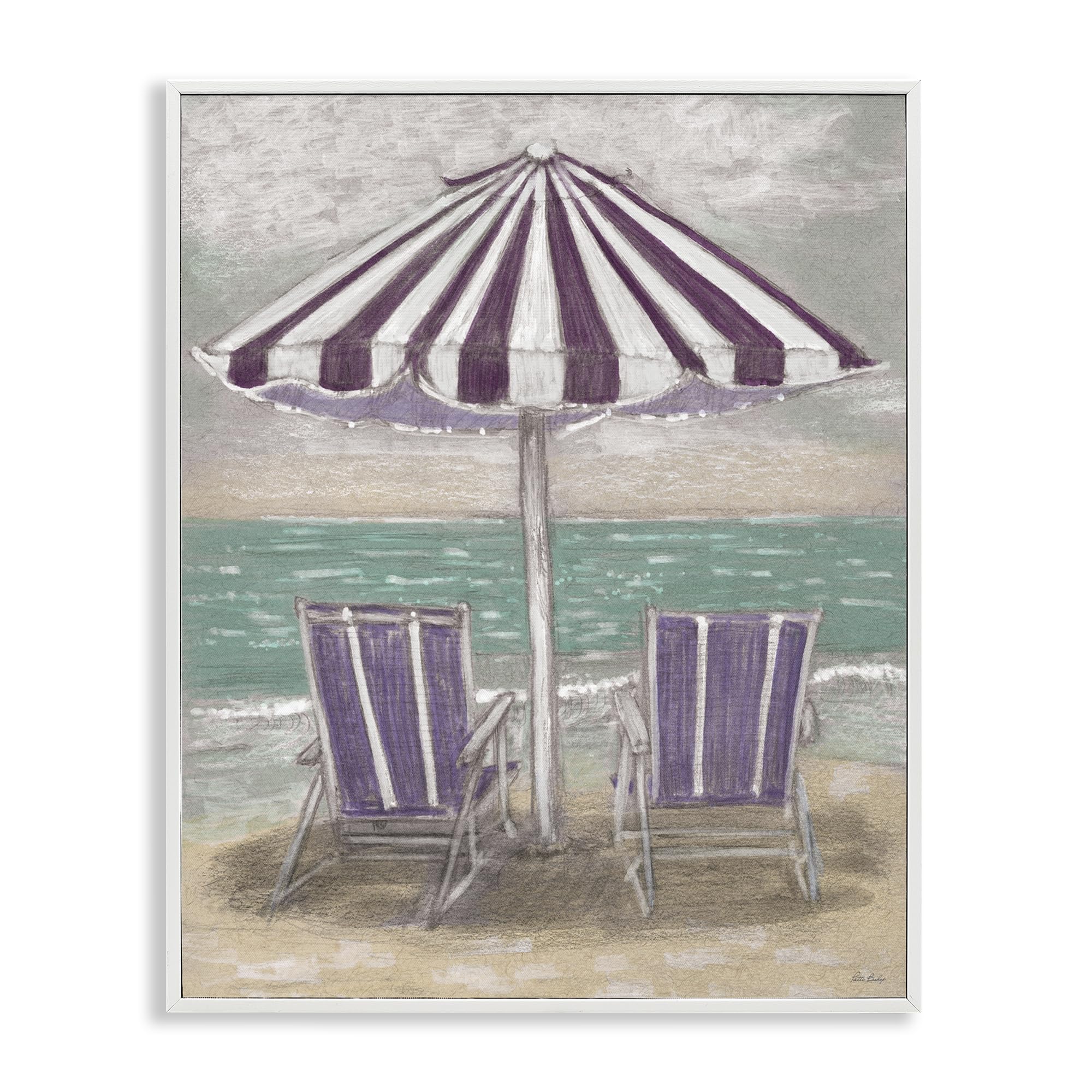 Stupell Industries Coastal White (Textured) 'Umbrella & Chairs On Beach'| Framed Giclee Art