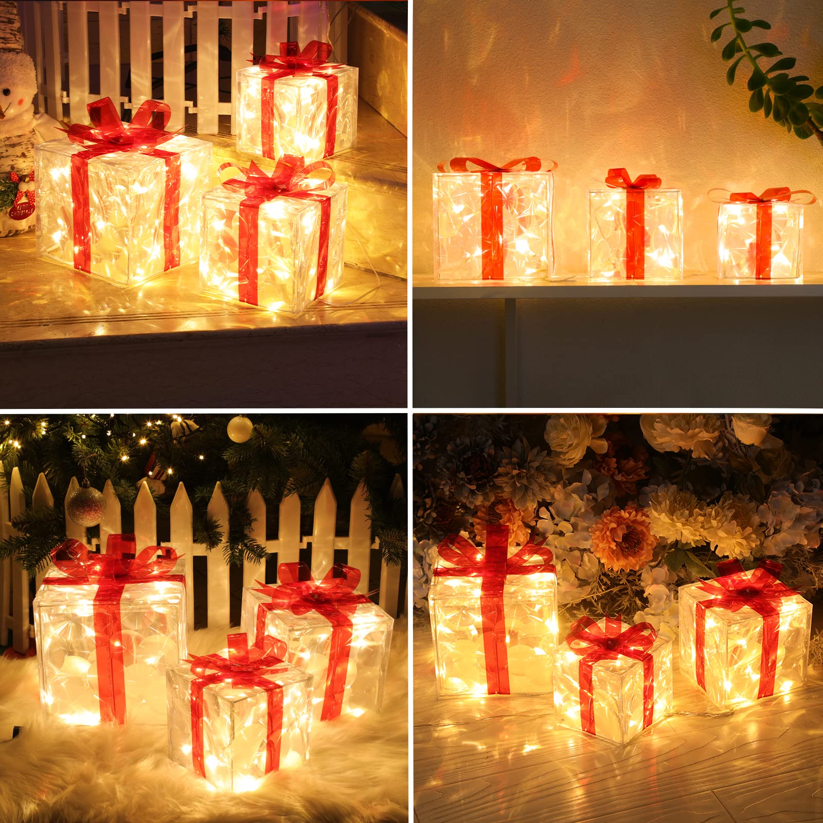 3er Set LED Geschenkbox, Weihnachtsdeko mit 60 warmweiß LEDs innen Strom, PVC Wasserdicht Weihnachtenbox Beleuchtete außen mit Schleife