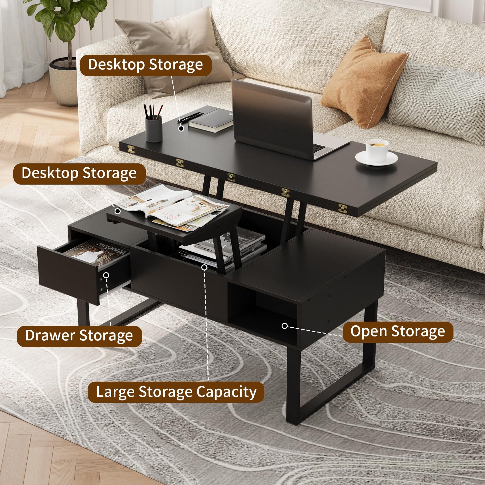 VOWNER Mesa de Centro de Altura Ajustable, Mesa de Salón Multifuncional 3 en 1 con 2 Cajones y Almacenamiento Oculto, se Puede Utilizar como Mesa de Comedor (Negro)