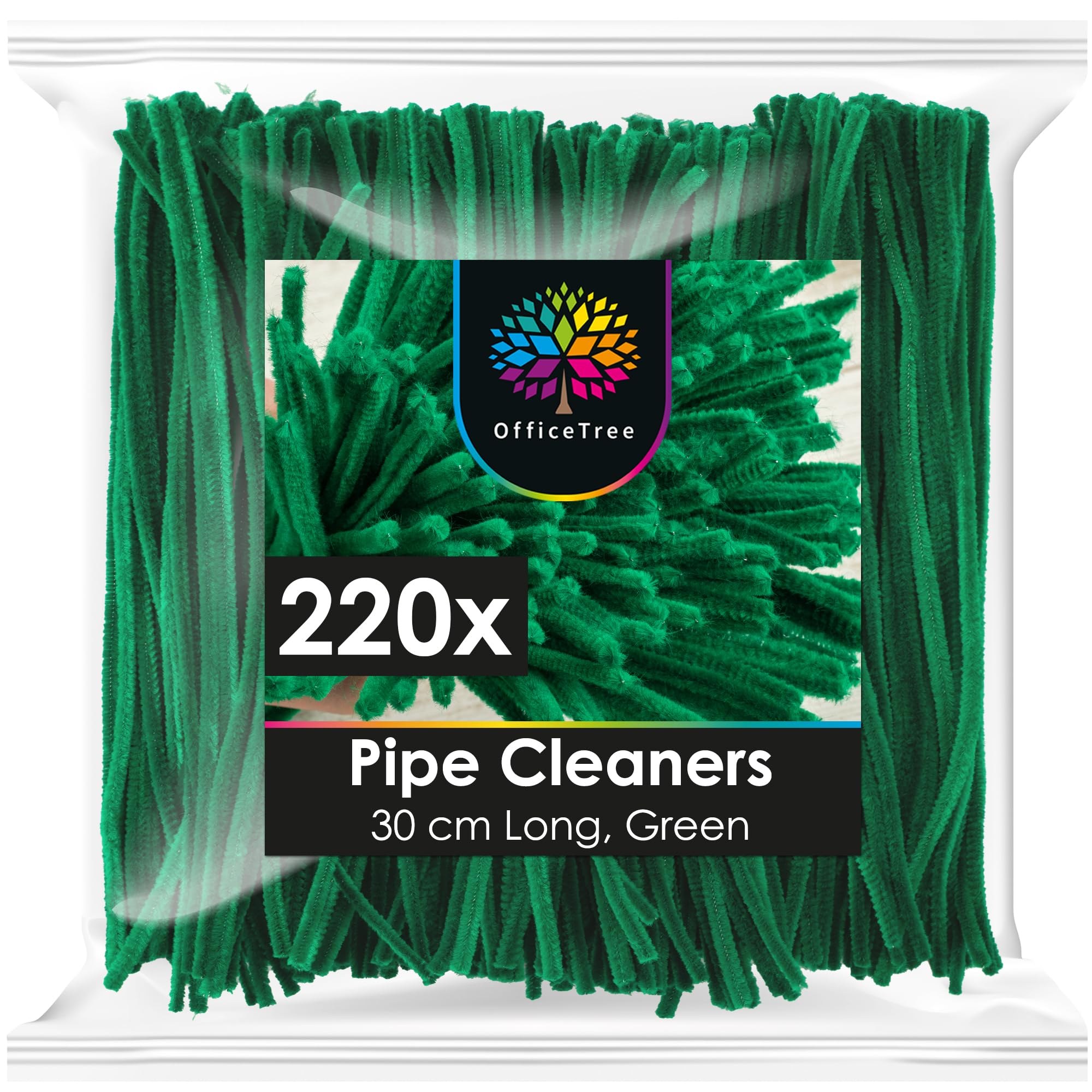 OfficeTree 220 x Green Pipe Cleaners for Craft - 11,81 in 30 cm Long - Fluffy Pipe Cleaners for Craft Flexible and Mouldable - Green Pipe Cleaners for Crafting - Pipe Cleaners for DIY