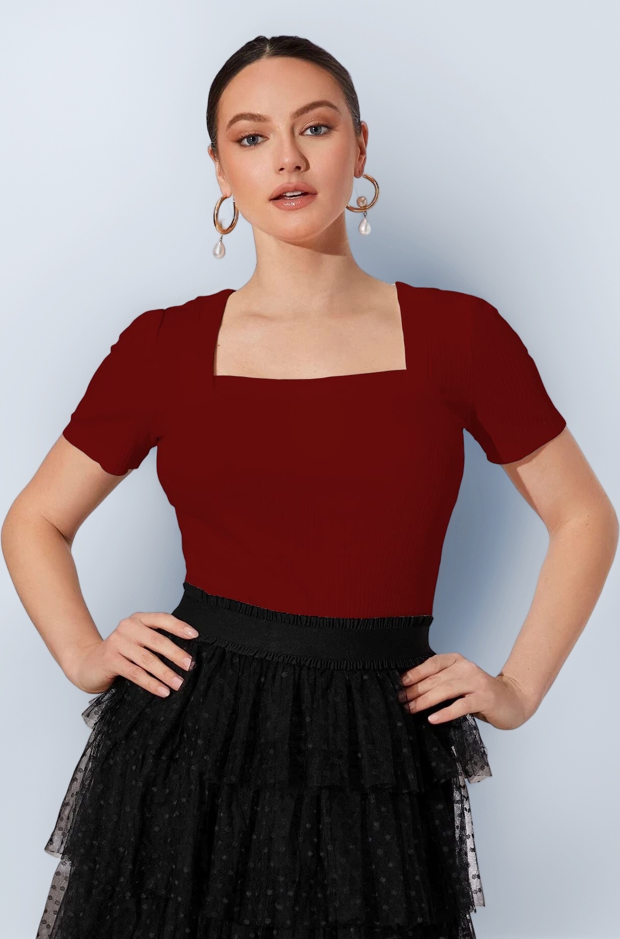 Shasmi Women's & Girl's Solid Knitted Square Neck T-Shirts Short Puff Sleeve Tops (TOP 52)