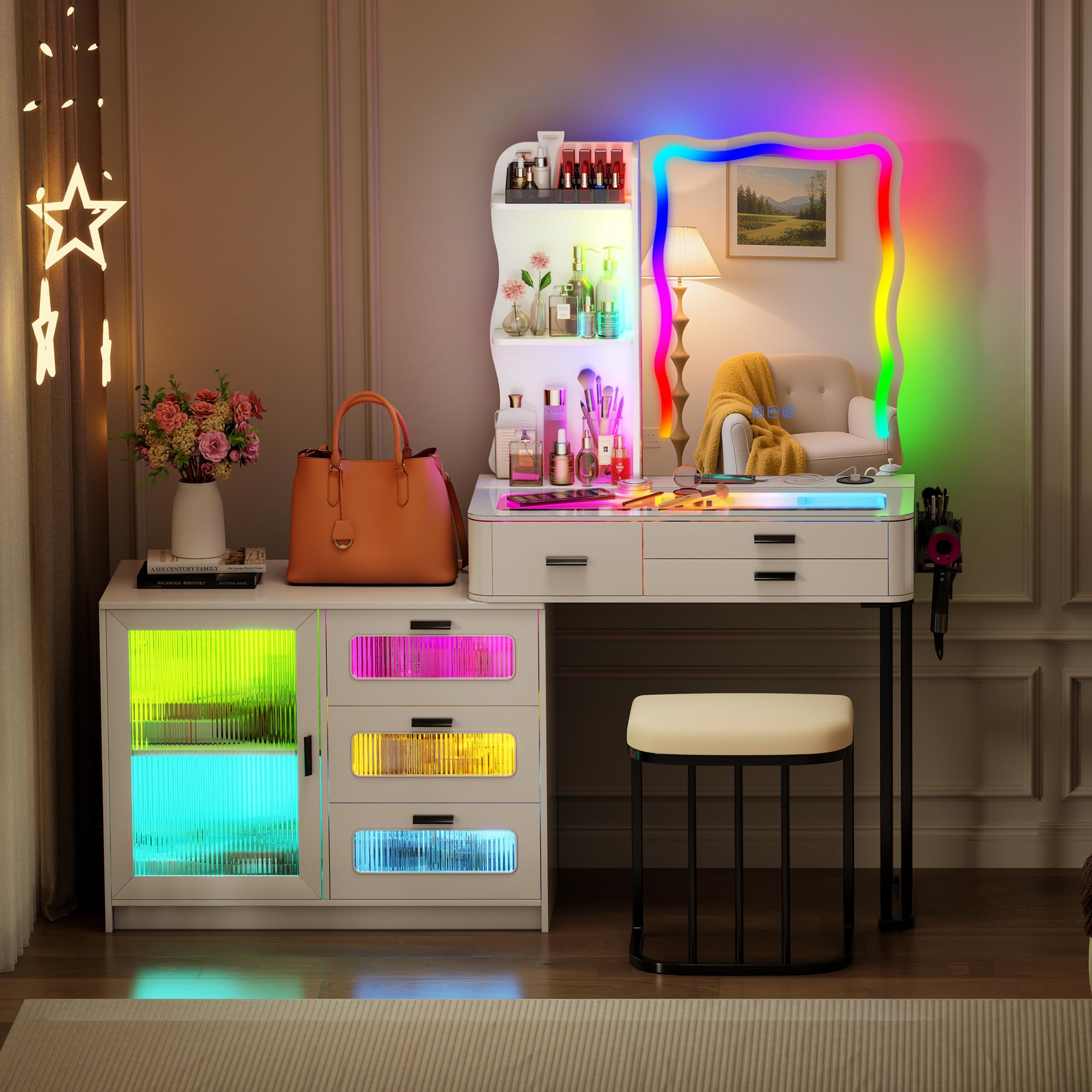 JDPAG 60.9" W Large Make Up Vanity Desk with Mirror and RGB Lights, Glass Top Big Vanity Desk with Charging Station,Vanities Dressing Table with 6