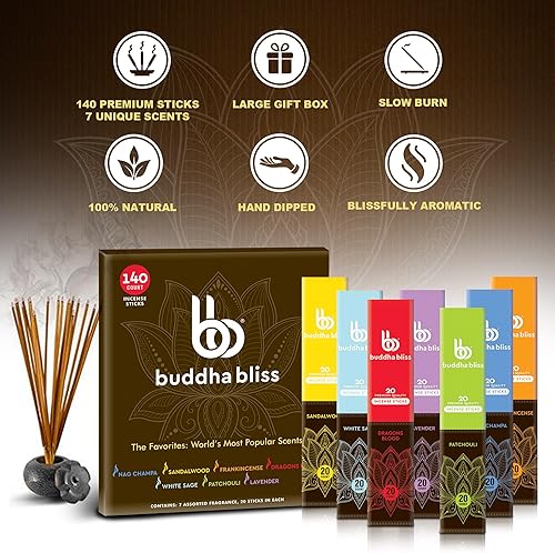 Miniatura 3 de Mecka Buddha Bliss - Juego de varillas de incienso con aromas más populares del mundo  140 varillas de incienso para meditación  7 aromas