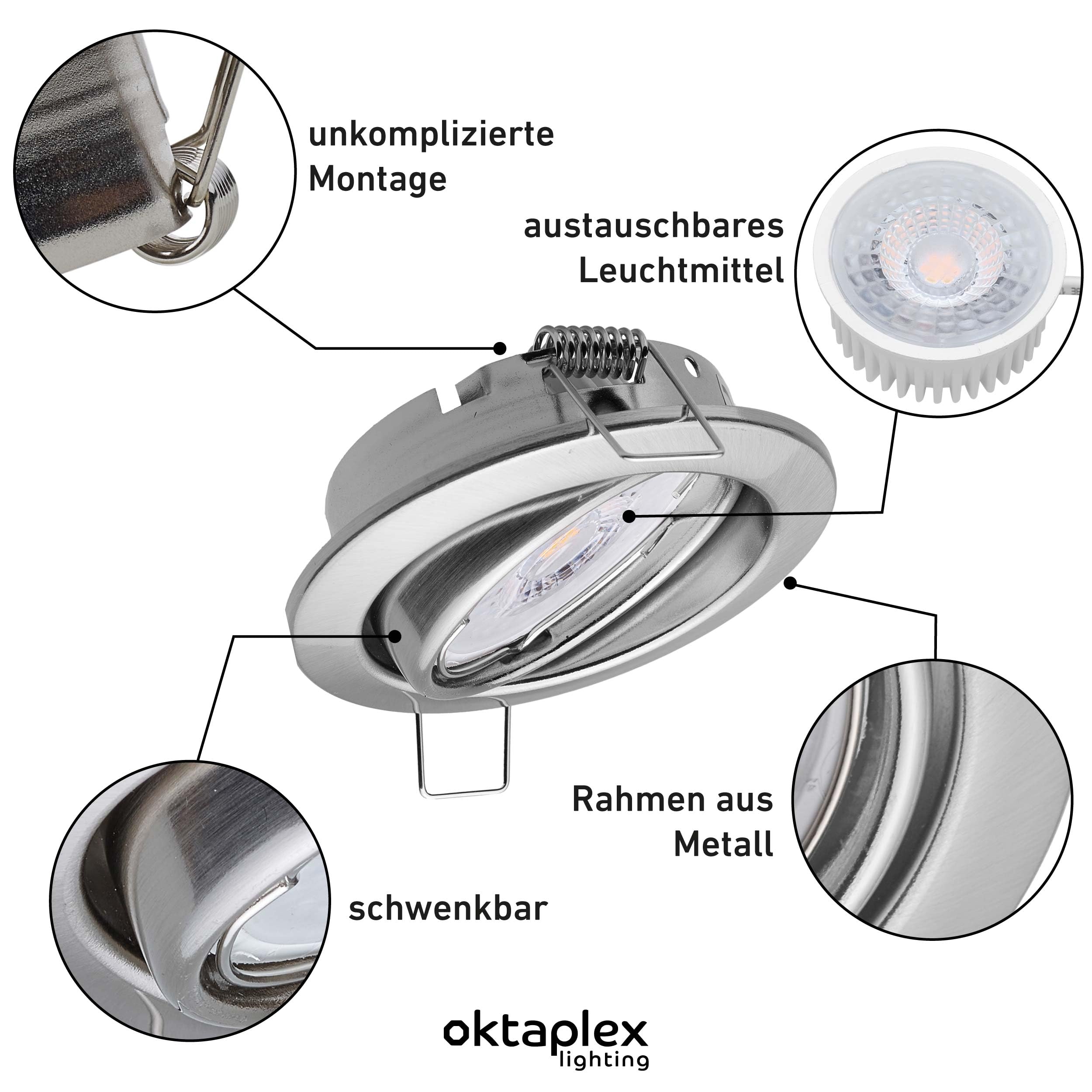 Oktaplex 12er Set Dijon LED Deckenspots 230V schwenkbar 22mm Einbautiefe | Warmweiß 3000K, Lochmaß 68mm, 4,8W, 380lm, 110°, Einbaustrahler Edelstahl gebürstet rund, ultra flach