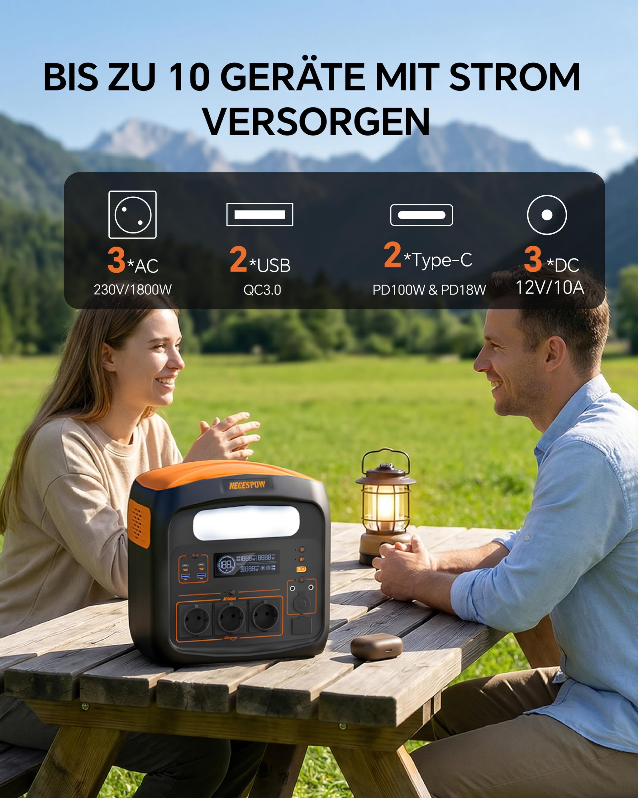 Tragbare Powerstation 1800W(3600W Spitze), 1024Wh LiFePO4 Akku, Schnellladung in 65 Min., PD 100W, USB-C/AC/DC, Solarladung, für Camping, Notstrom, Outdoor