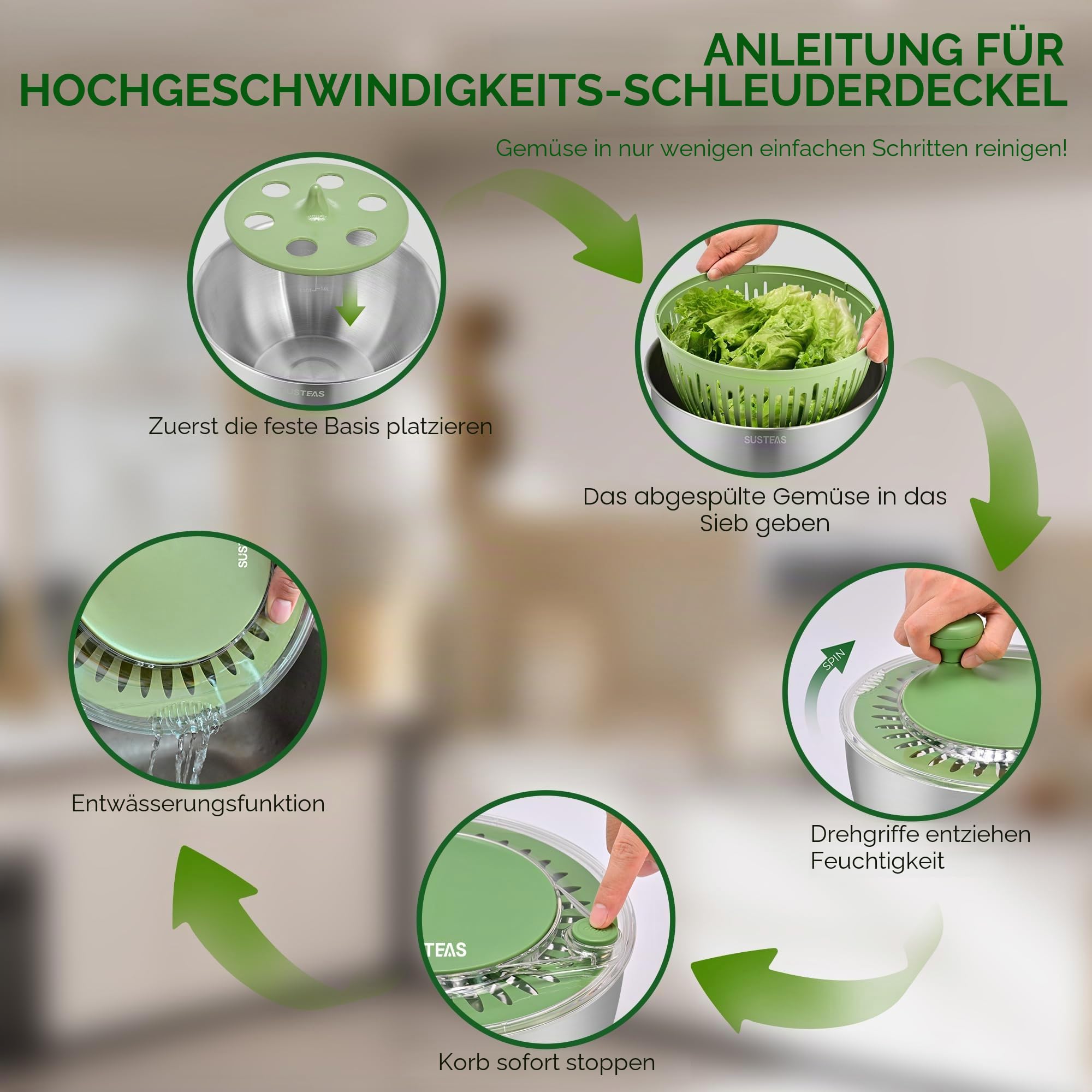 SUSTEAS Salatschleuder Edelstahl mit Schneidefunktion, 4.5L | Salat Schleuder mit Deckel, Salatschüssel mit Abtropfsieb & Eigelbtrenner, Zum Waschen Trocknen & Schneiden von Salat, Gemüse