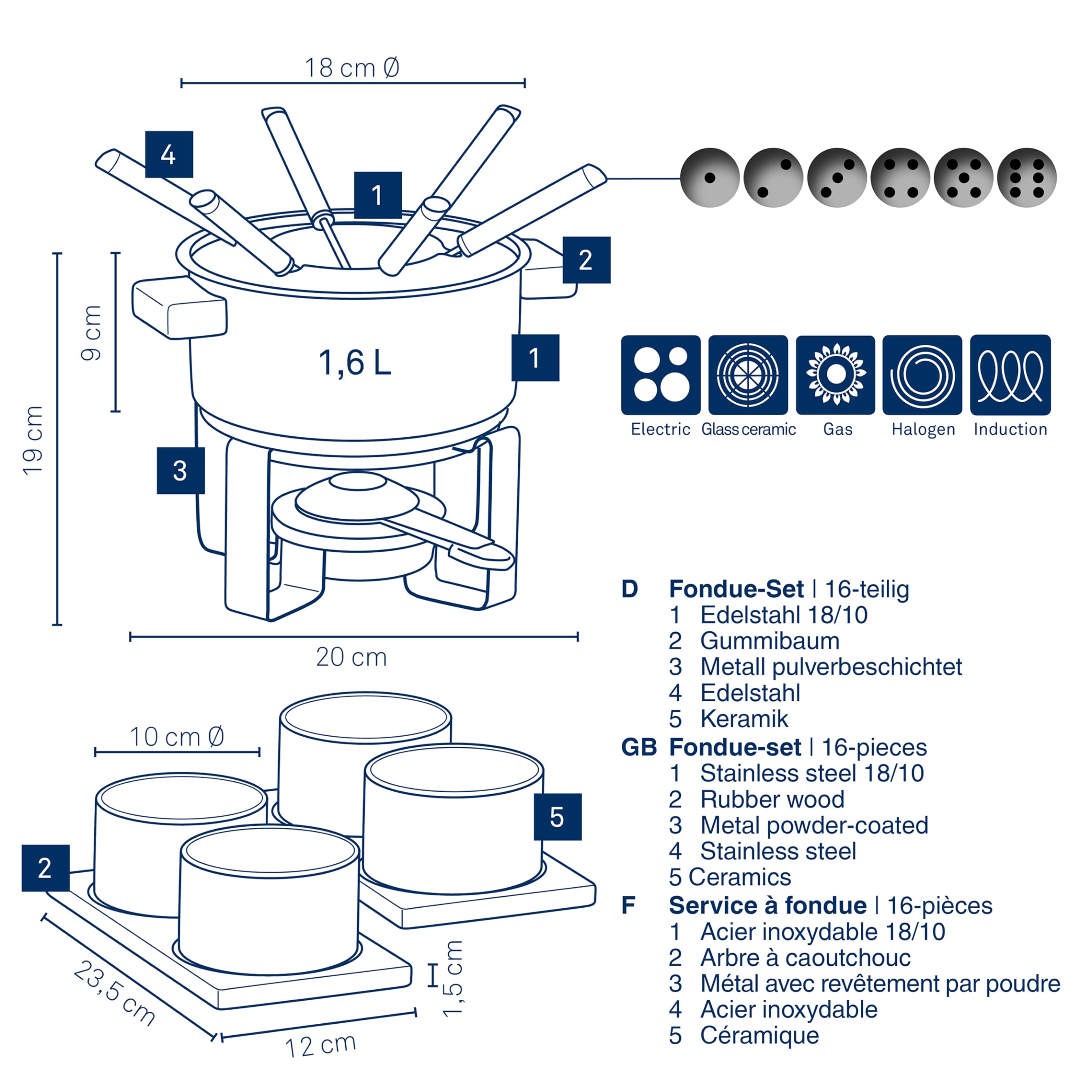 kela Fleischfondue Set 16tlg, Edelstahl Fondue für 6 Personen GUNTEN, Fondueset mit Brennpastenhalter, Gabeln, Gabelhalter,