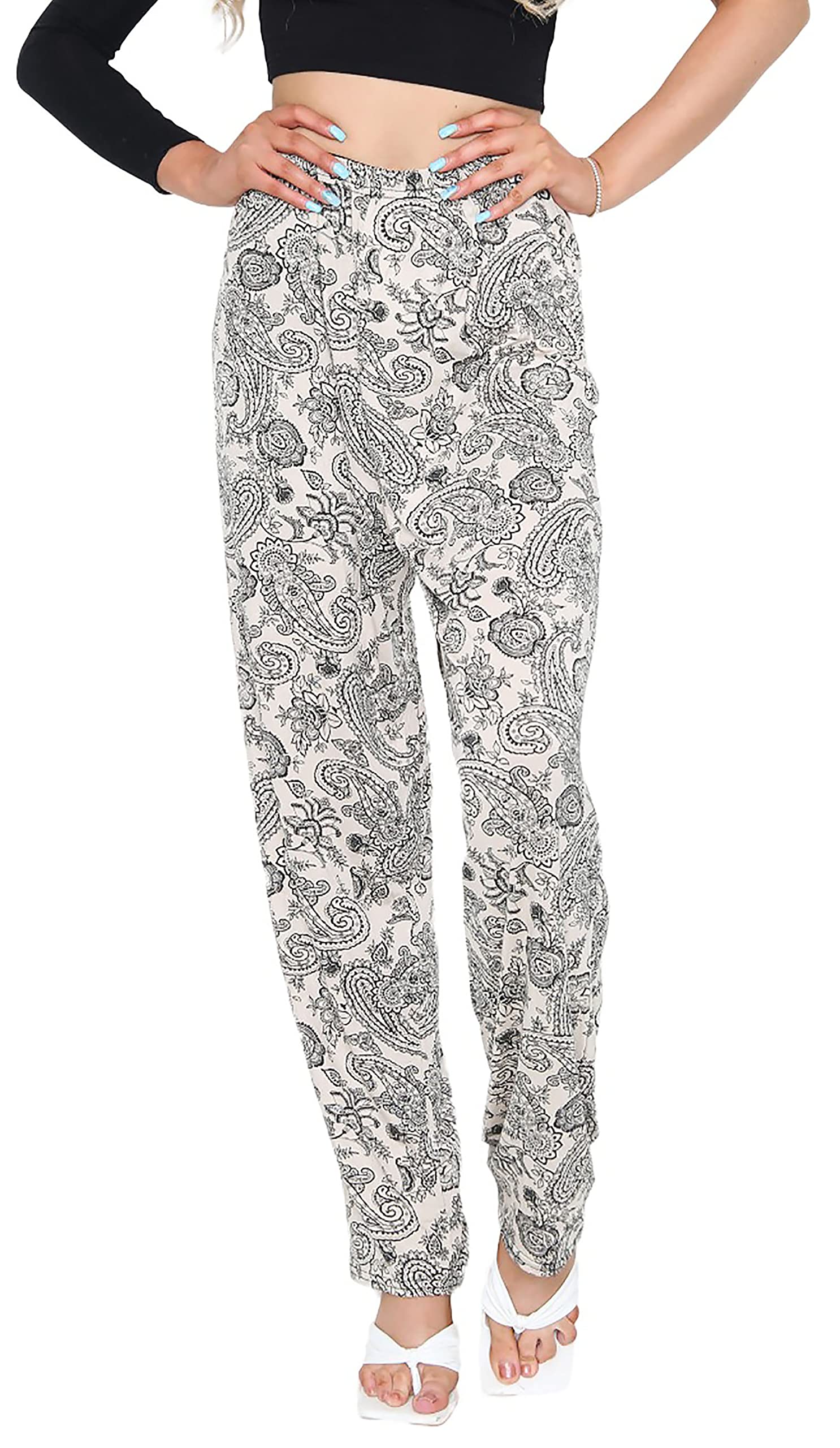 WearAll Women's Floral Full Length Trousers Ladies Print Elasticated Waist Pants Paisley Stone 22-24