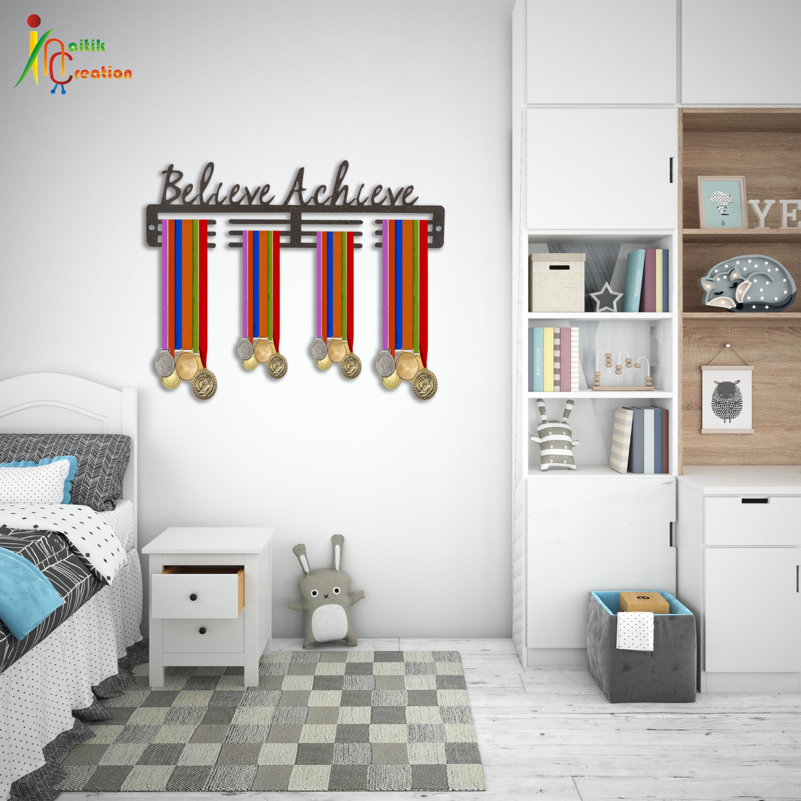 NAITIK CREATION Medal Hanger for Wall – Medal Holder Display Hanger | Holds Up to 65 Medals | Sports Medal Display | Medals Hanger | Premium Antique Golden (Believe Achieve) 4