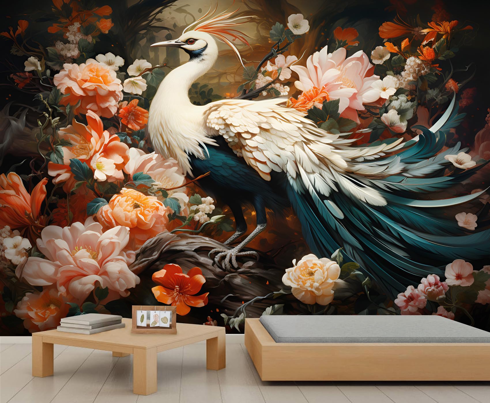 Papier peint phénix blanc et motif floral vintage style oriental pour grand salon 400x280cm