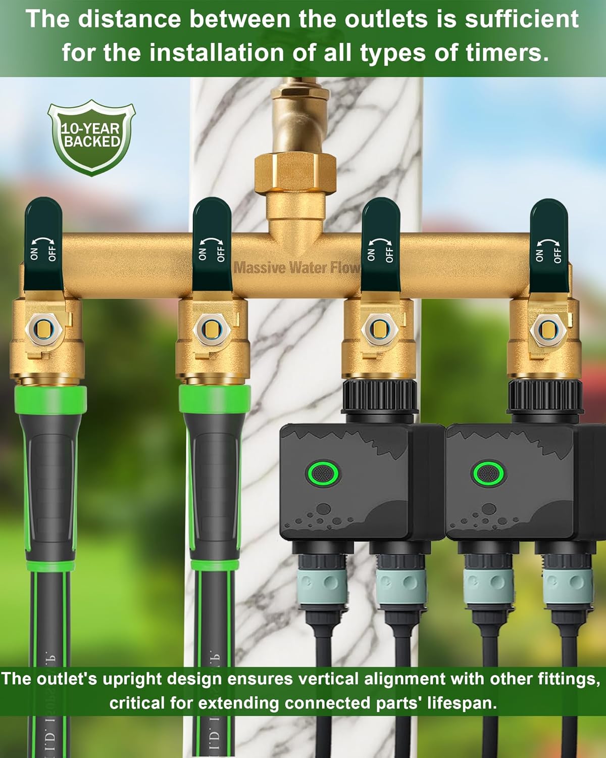 4 Way Hose Splitter, Heavy Duty Full Flow Garden Hose Splitter with 4 Large Metal Handles, Brass Water Hose Bib Splitter, T Adapter Connector with 3/4 - Inch GHT Thread (Green)