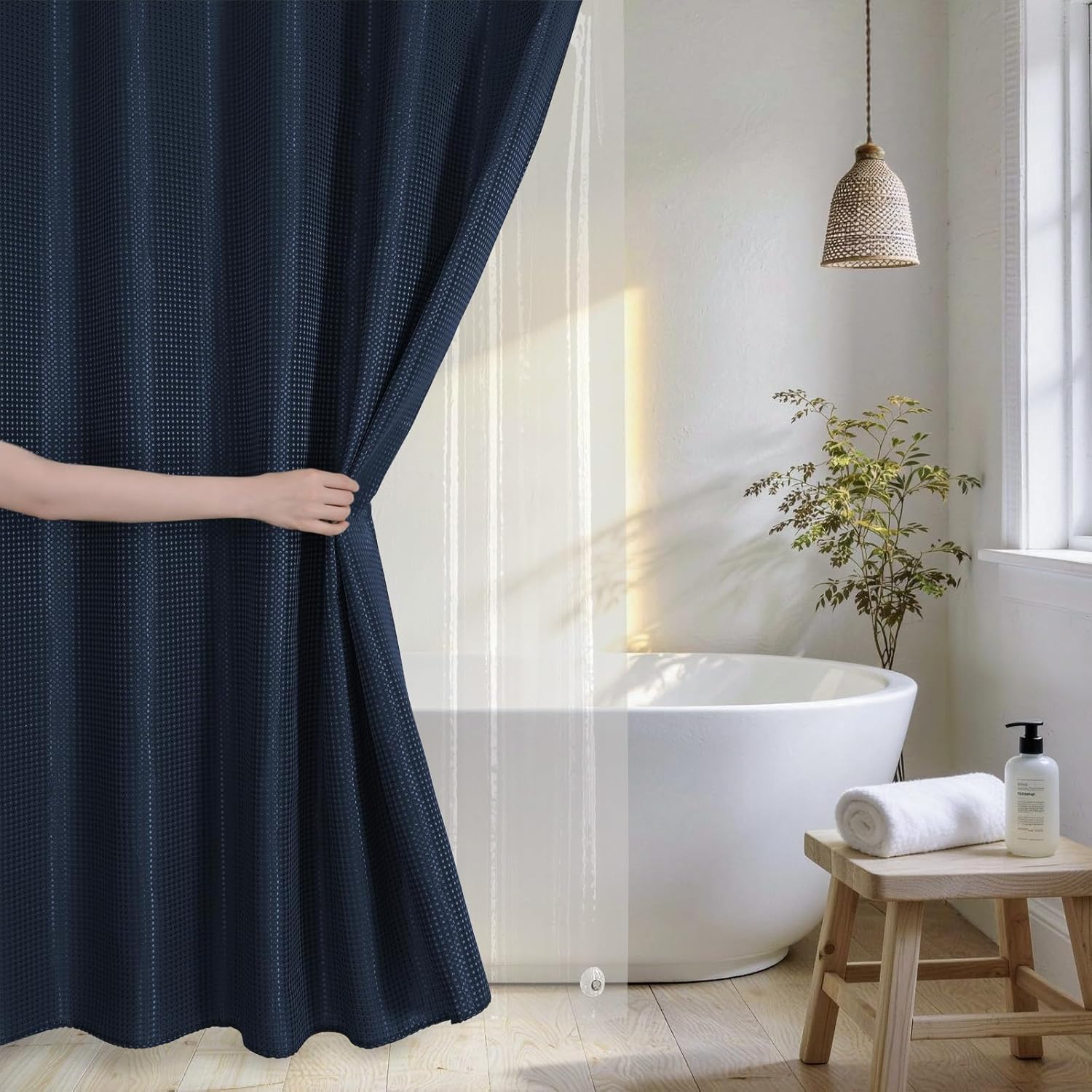 QiyI 3 in 1 Shower Curtain Set, Navy Blue Waffle Shower Curtain and Liner Set with 12 Double Shower Curtain Hooks, Waterproof Fabric Hotel Bathroom Curtain & PEVA Liner & Clear Plastic Rings, 72 x 72