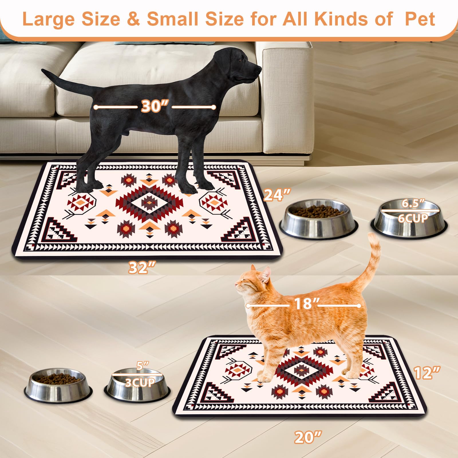 Tapis de nourriture pour chien - Tapis bohème imperméable pour gamelles d'eau et nourriture pour chat - Absorbant à séchage rapide - Tapis antidérapant pour l'alimentation des animaux de compagnie