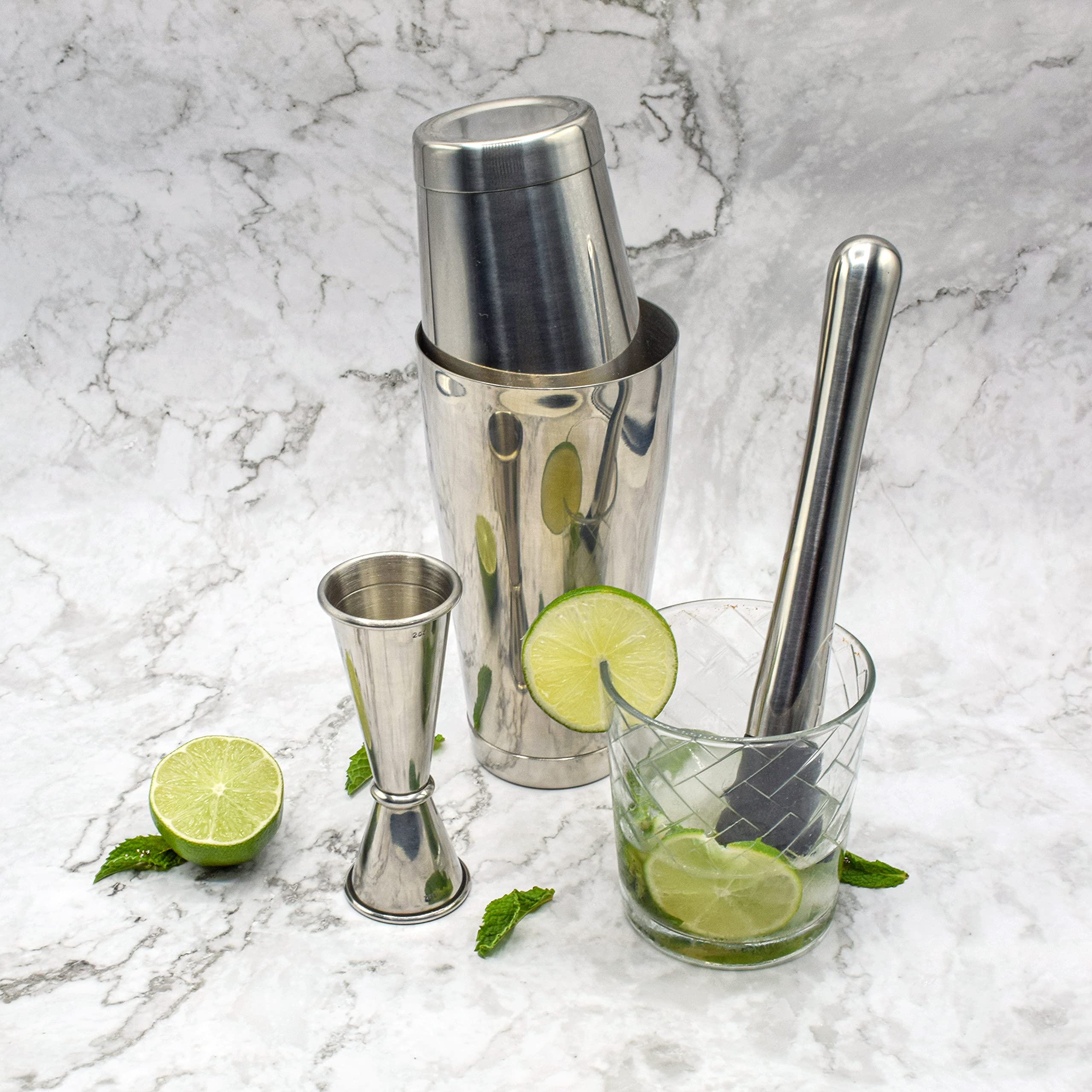 Boston - Juego de coctelera para cócteles con latas pesadas de 28 onzas y 18 onzas, Muddler profesional y Jigger - Herramientas de barra de acero inoxidable (juego de 4 piezas)