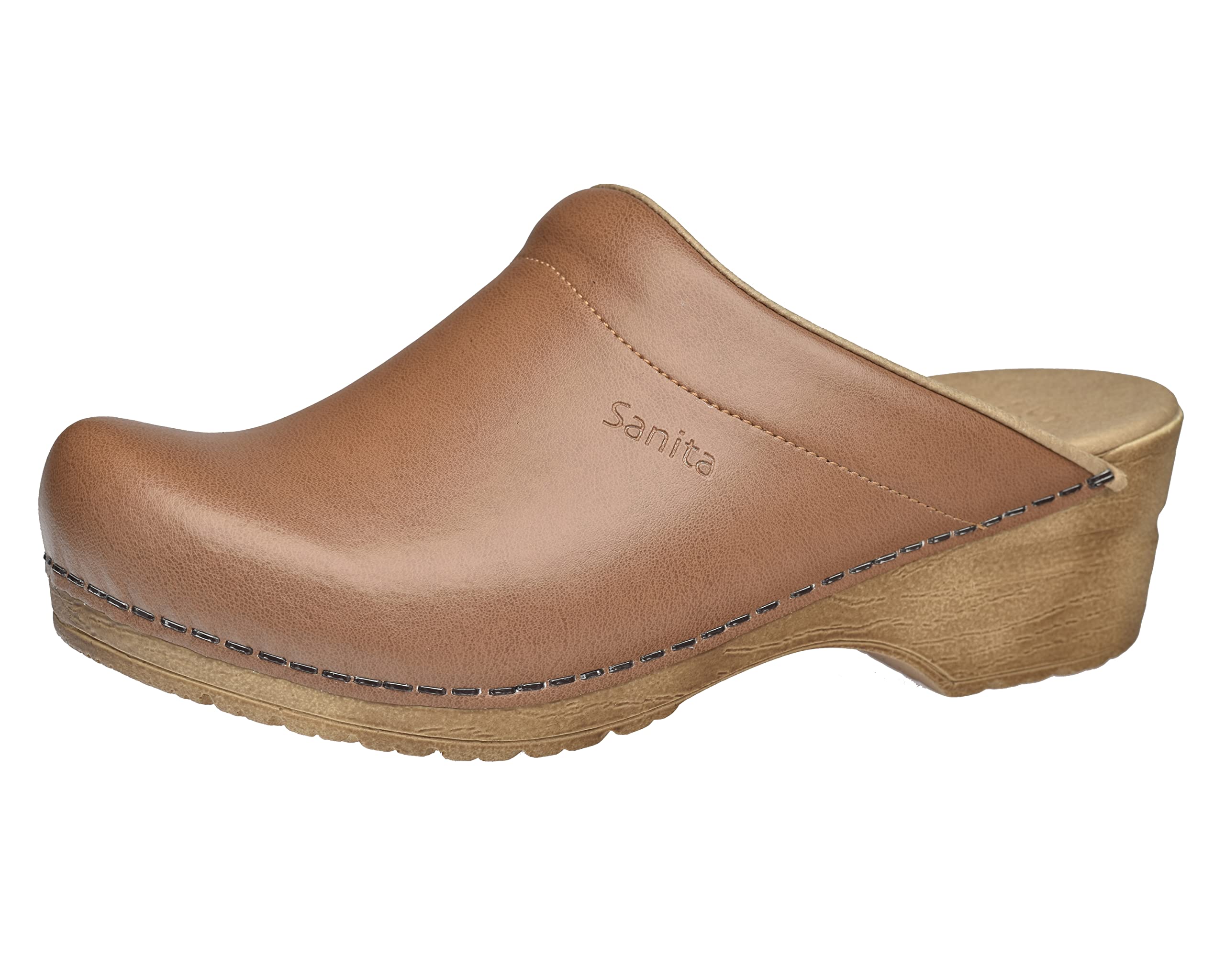 Sanita | Sandra offener Clog | Original handgemacht | Flexible Leder-Clogs für Damen | Anatomisch geformtes Fußbett mit weichem Schaum | Hellbraun | 42 EU